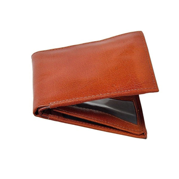 GM Leather bifold wallet in rich brown leather featuring an internal zippered coin pocket, multiple card slots, and a clear ID window, handcrafted quality available at LynnMall, Auckland.