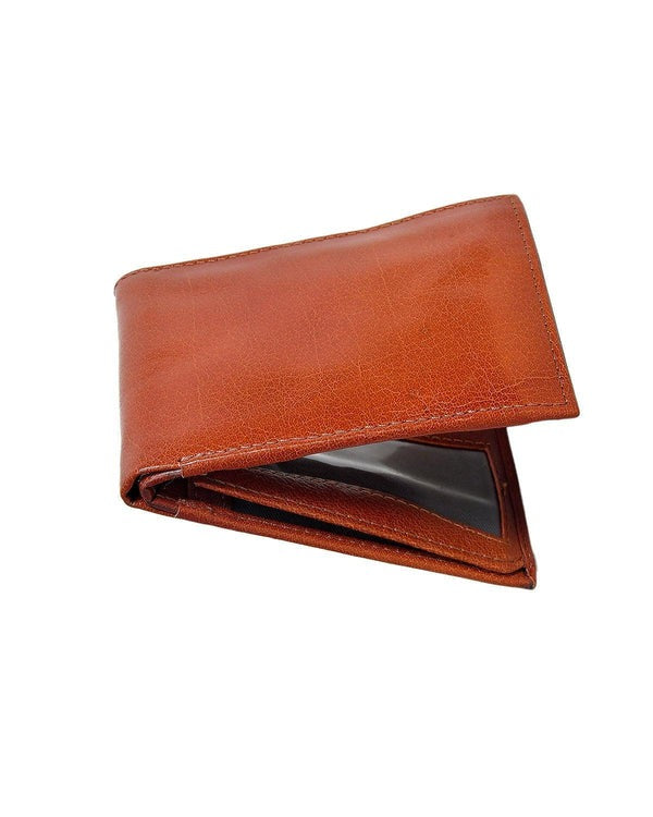 GM Leather bifold wallet in rich brown leather featuring an internal zippered coin pocket, multiple card slots, and a clear ID window, handcrafted quality available at LynnMall, Auckland.