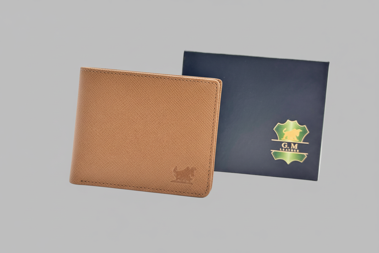 A premium GM Leather bifold wallet in rich brown leather featuring an internal zippered coin pocket and multiple card slots, handcrafted quality available at LynnMall, Auckland.