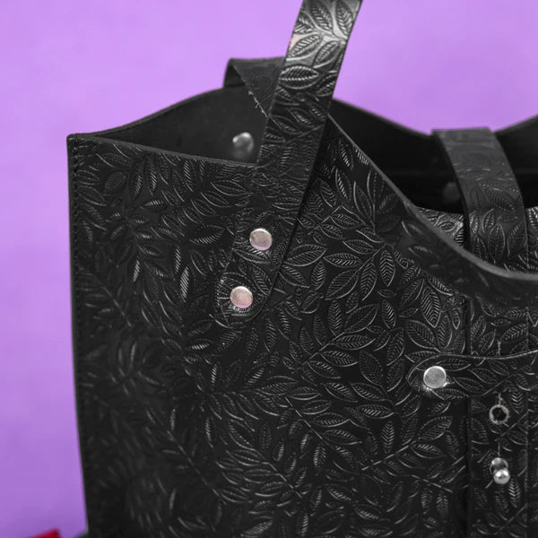 GM Leather premium black embossed floral leather tote bag with reinforced handles, GM Leather Auckland.