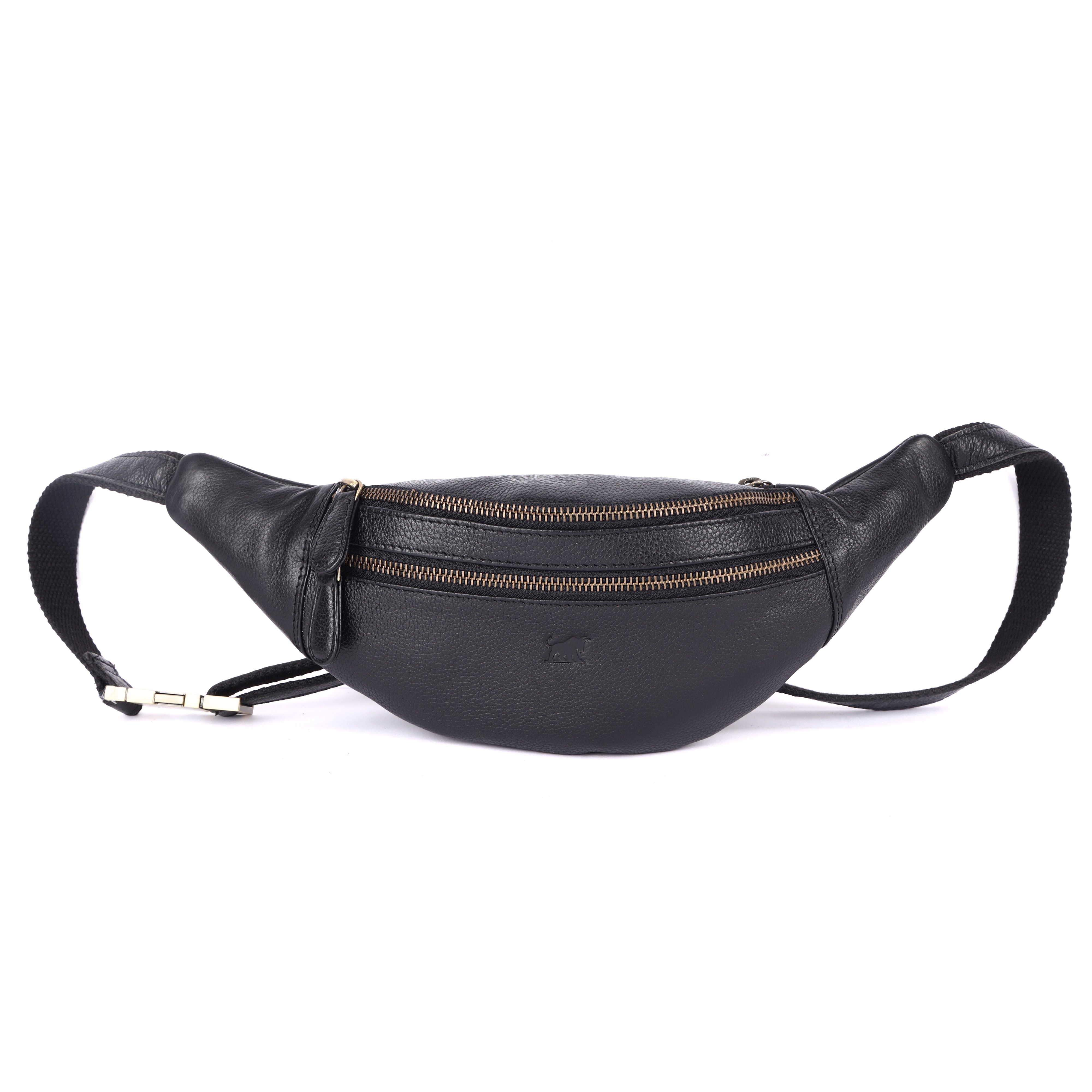 GM Leather black grain leather bum bag fanny pack waist pack with two zippers and adjustable strap Auckland