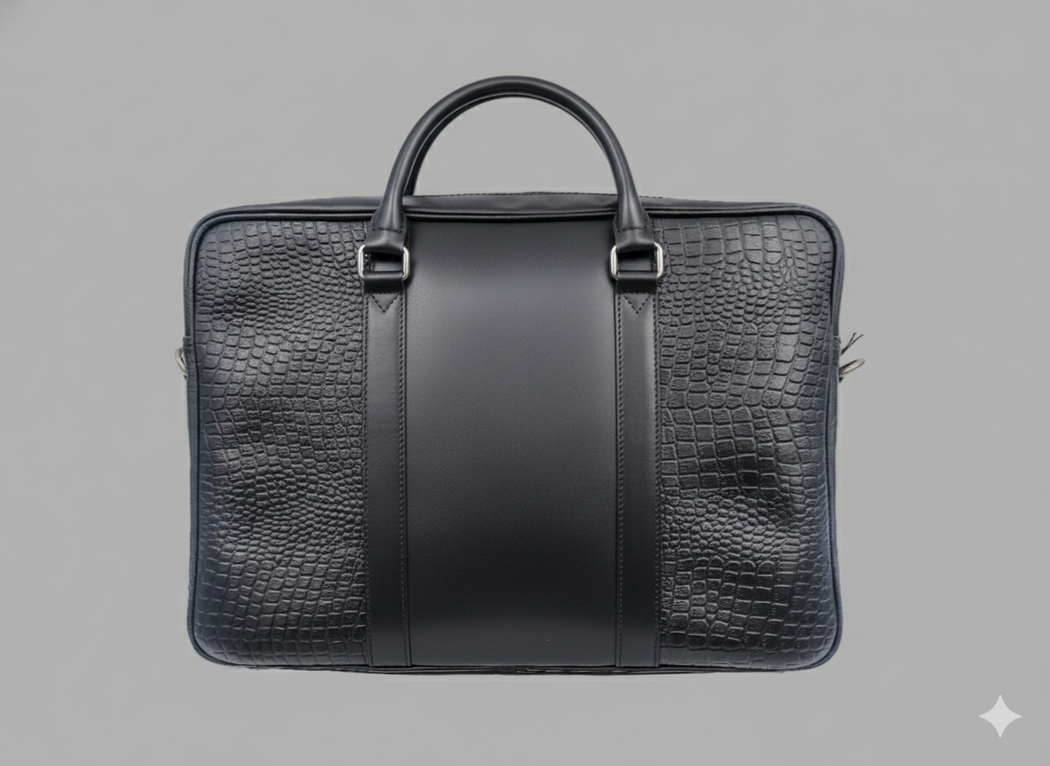 A professional GM Leather handcrafted black leather laptop bag with an embossed crocodile-texture panel, reinforced top handles, and sleek silver hardware, available at LynnMall, Auckland.