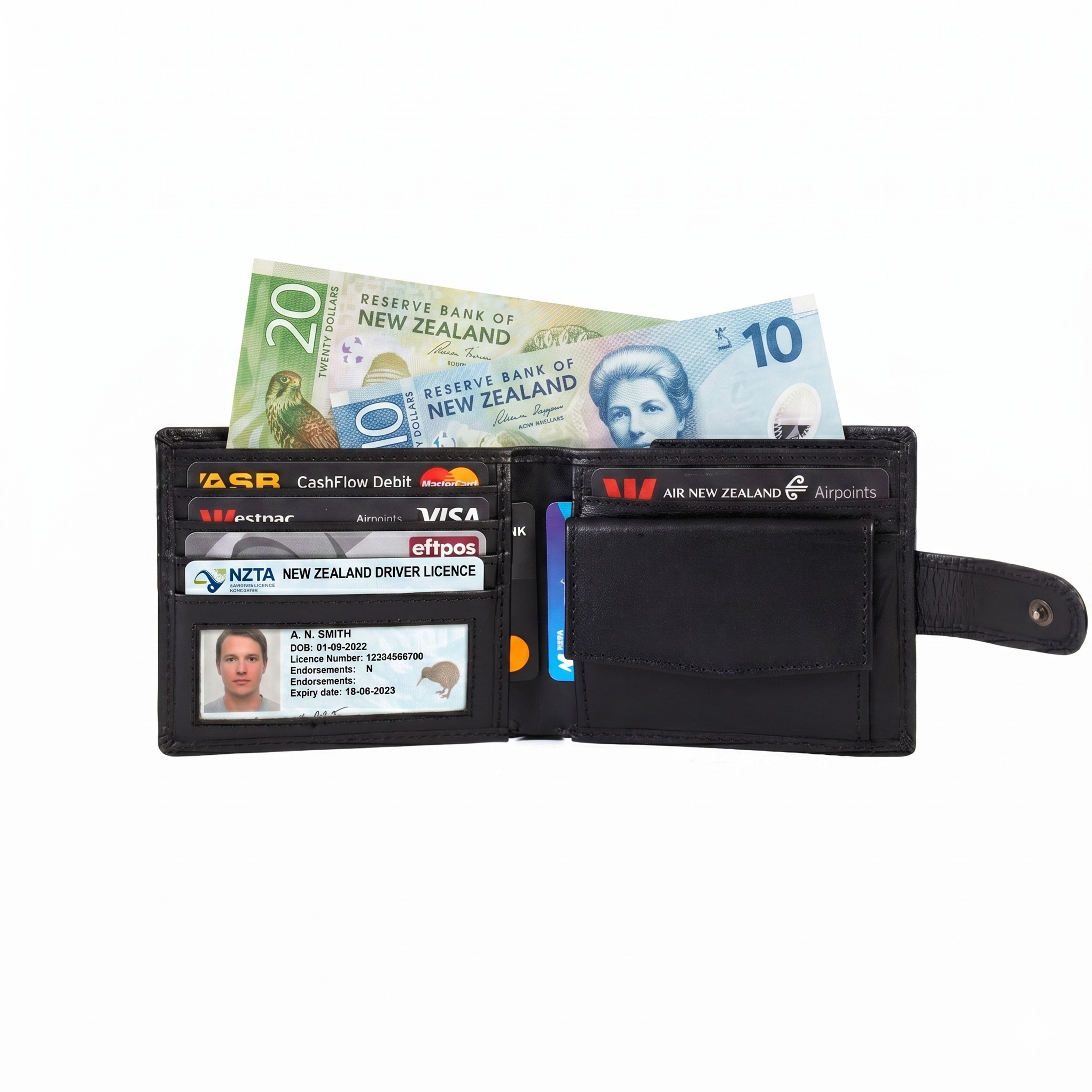 GM Leather premium black leather wallet with RFID protection, card slots and coin pocket