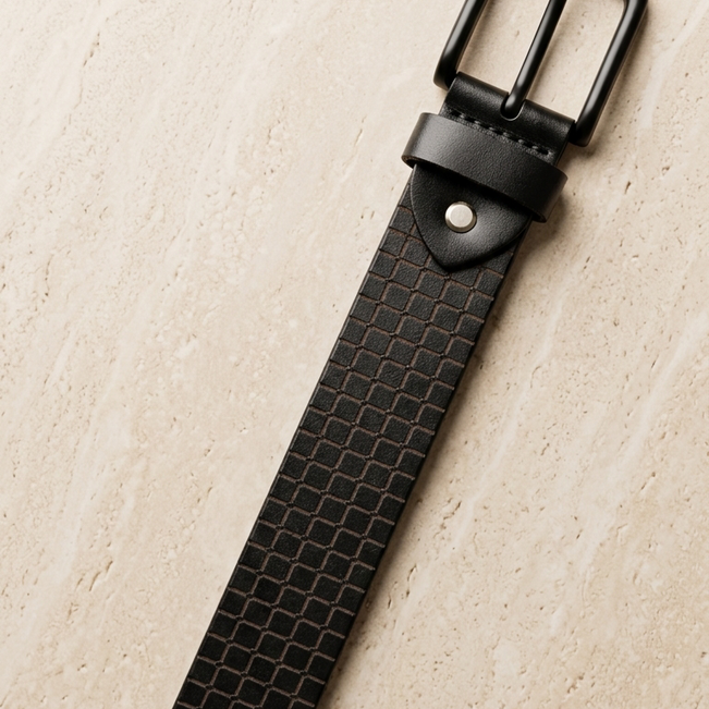 Black textured genuine leather belt with matte buckle by GM Leather Auckland, handcrafted durable mens belt for everyday and formal wear