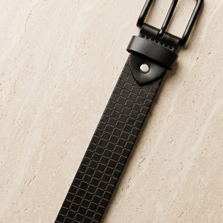 Black textured genuine leather belt with matte buckle by GM Leather Auckland, handcrafted durable mens belt for everyday and formal wear