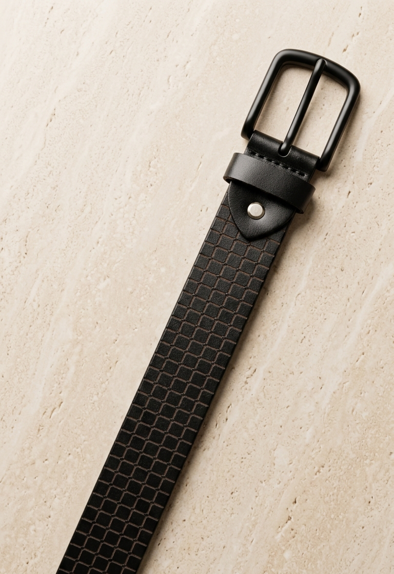 Black textured genuine leather belt with matte buckle by GM Leather Auckland, handcrafted durable mens belt for everyday and formal wear