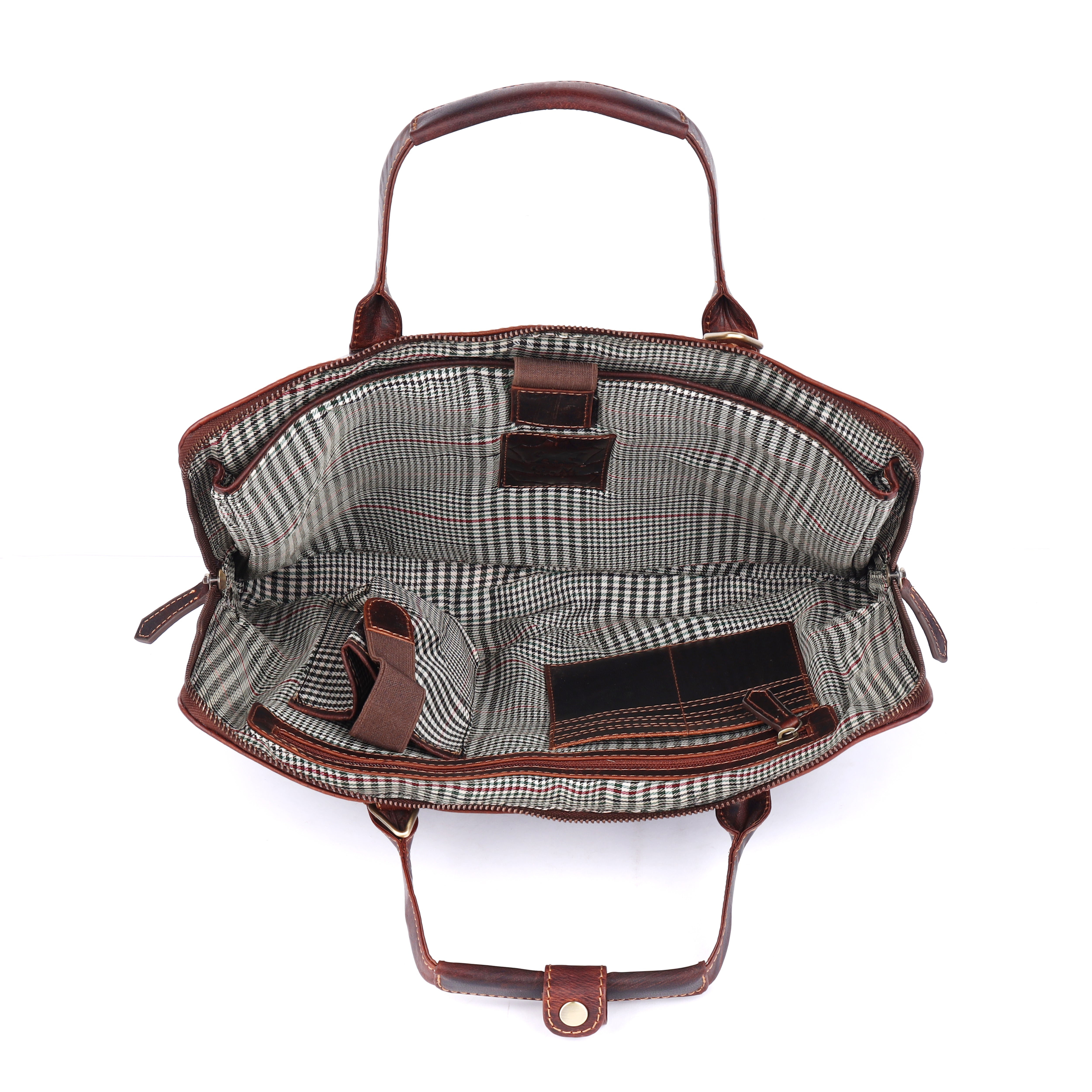 Top-down interior view of the open GM Leather dark brown business bag exposing the premium houndstooth check lining, padded laptop sleeve, and internal organizers.