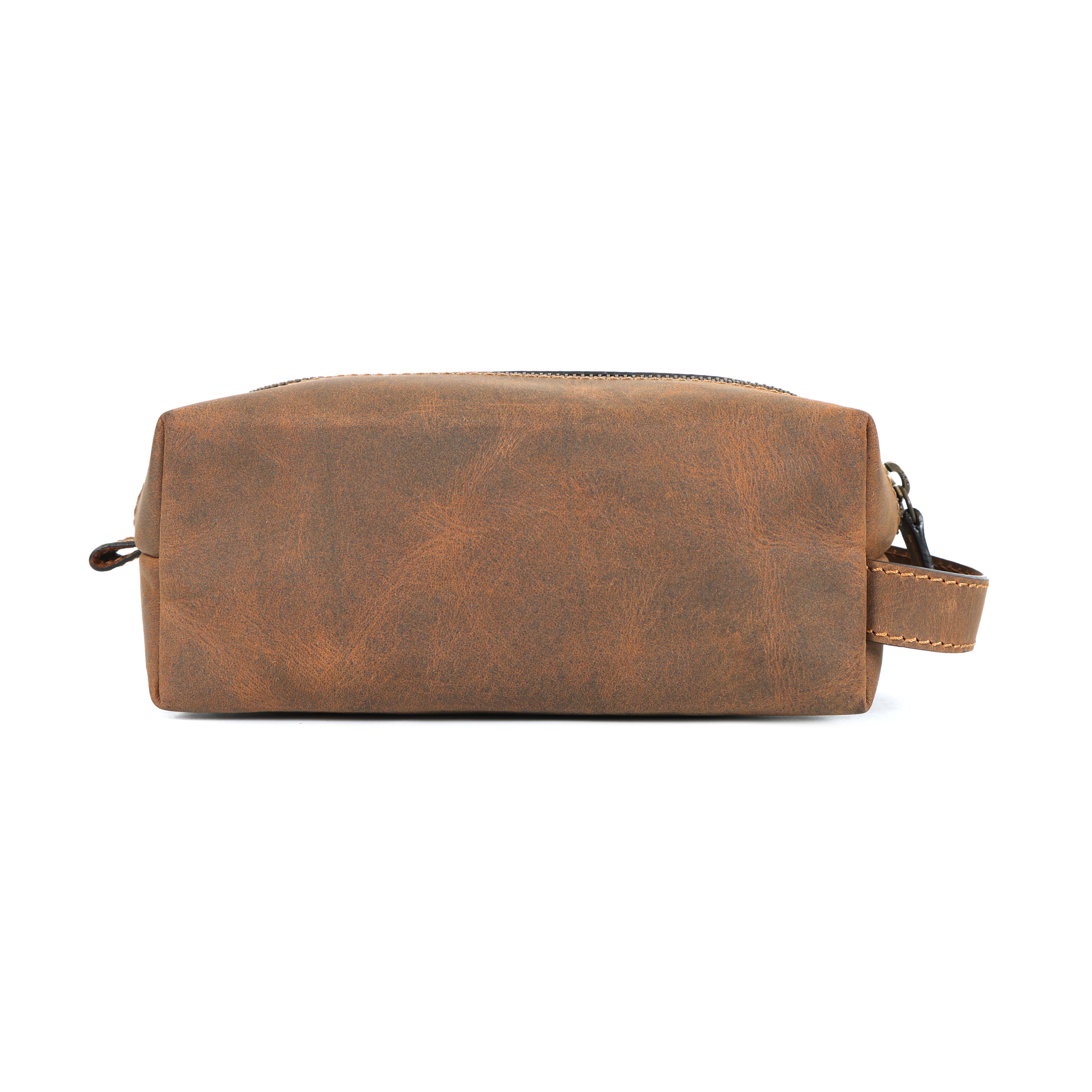 Vintage brown buffalo leather toiletry bag with side handle by GM Leather Auckland handcrafted full grain travel wash bag