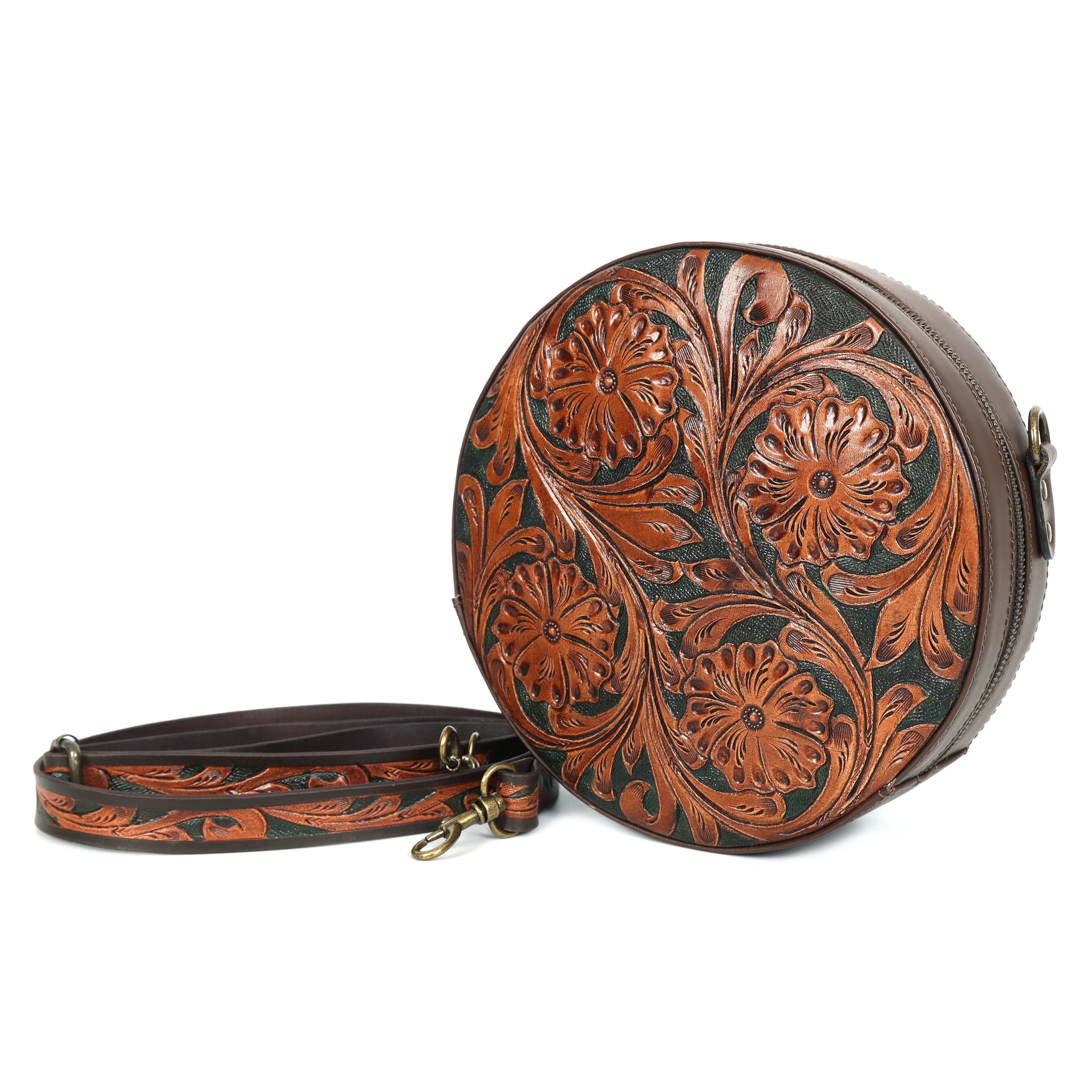 GM Leather artisan brown hand-tooled floral round bag with adjustable strap at LynnMall shop, New Lynn.