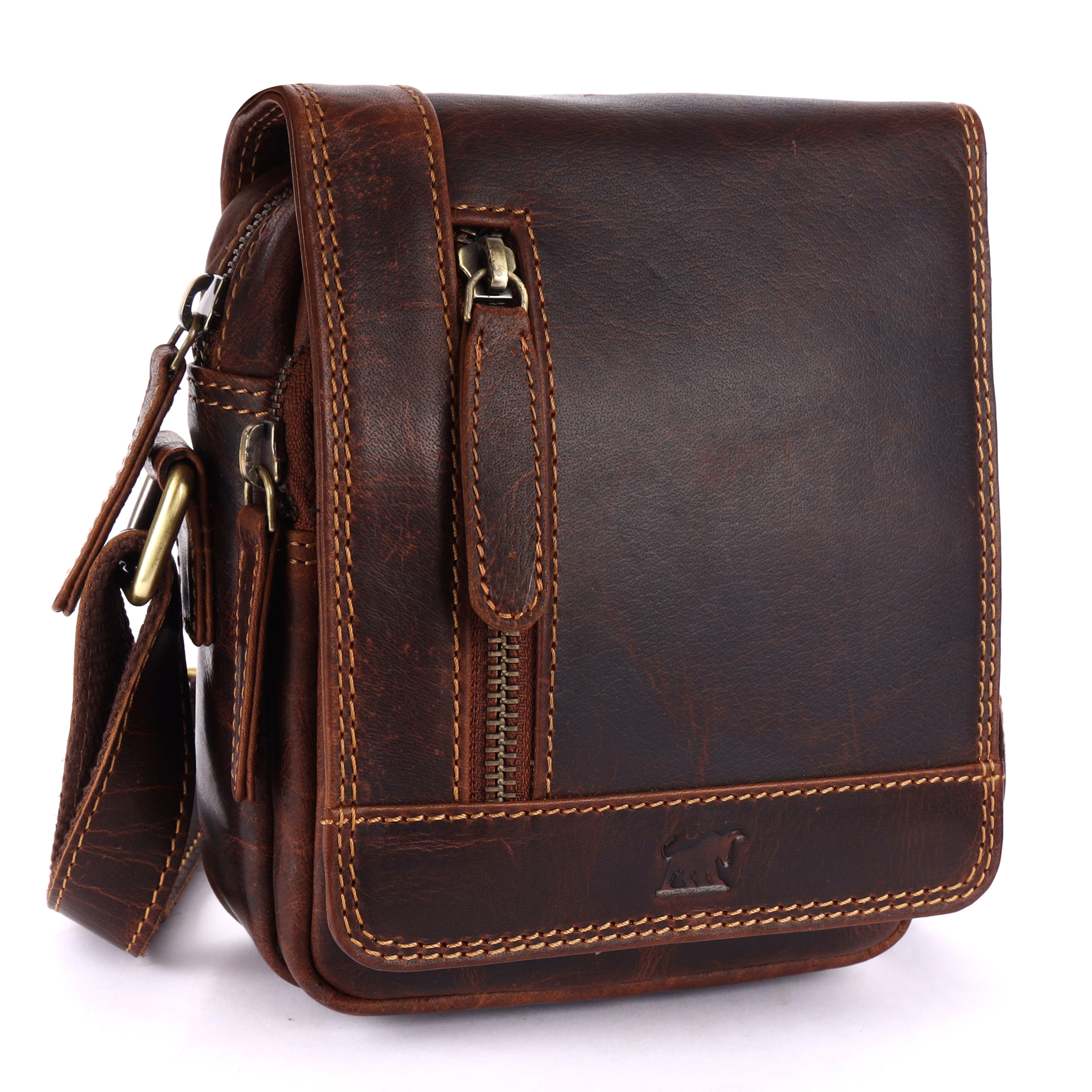 GM Leather Auckland full-grain brown crossbody bag with vertical zipper pocket, brass hardware, and detailed stitching