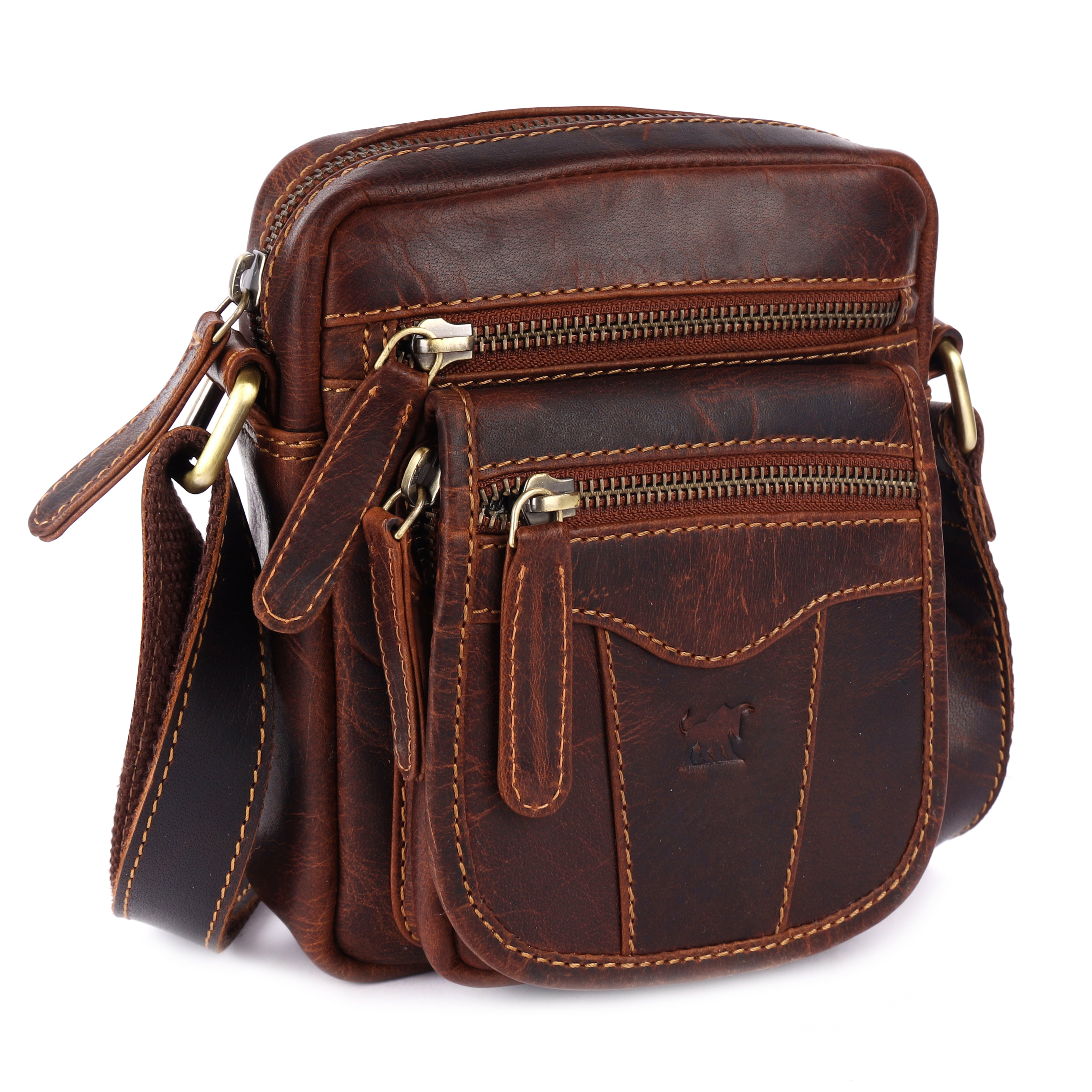 GM Leather Auckland full-grain brown vintage crossbody bag with brass hardware, zipper closure, and slim profile design.