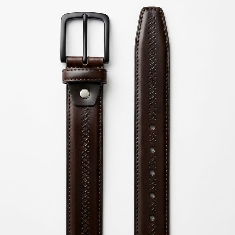 A premium handcrafted brown embossed leather belt by GM Leather Auckland, featuring a matte black buckle on a modern stone background