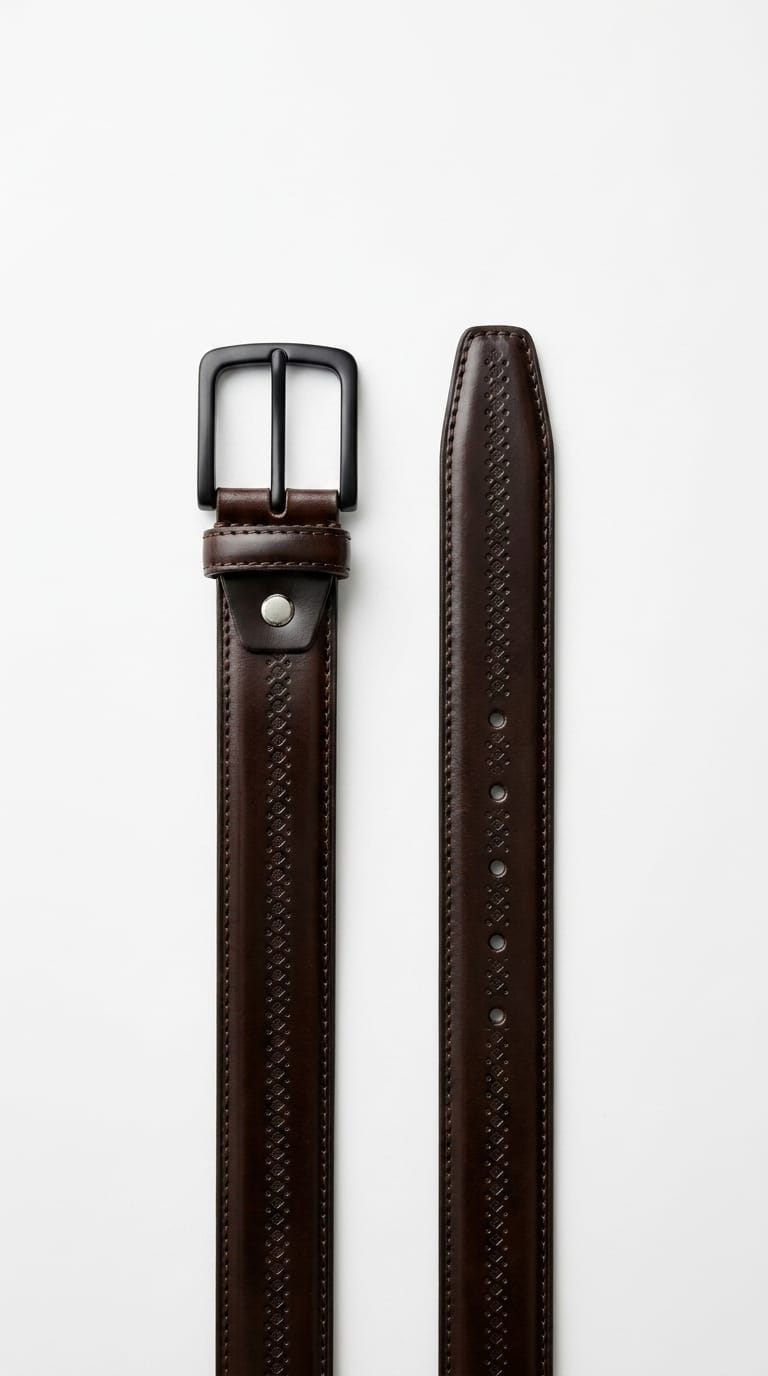 A premium handcrafted brown embossed leather belt by GM Leather Auckland, featuring a matte black buckle on a modern stone background
