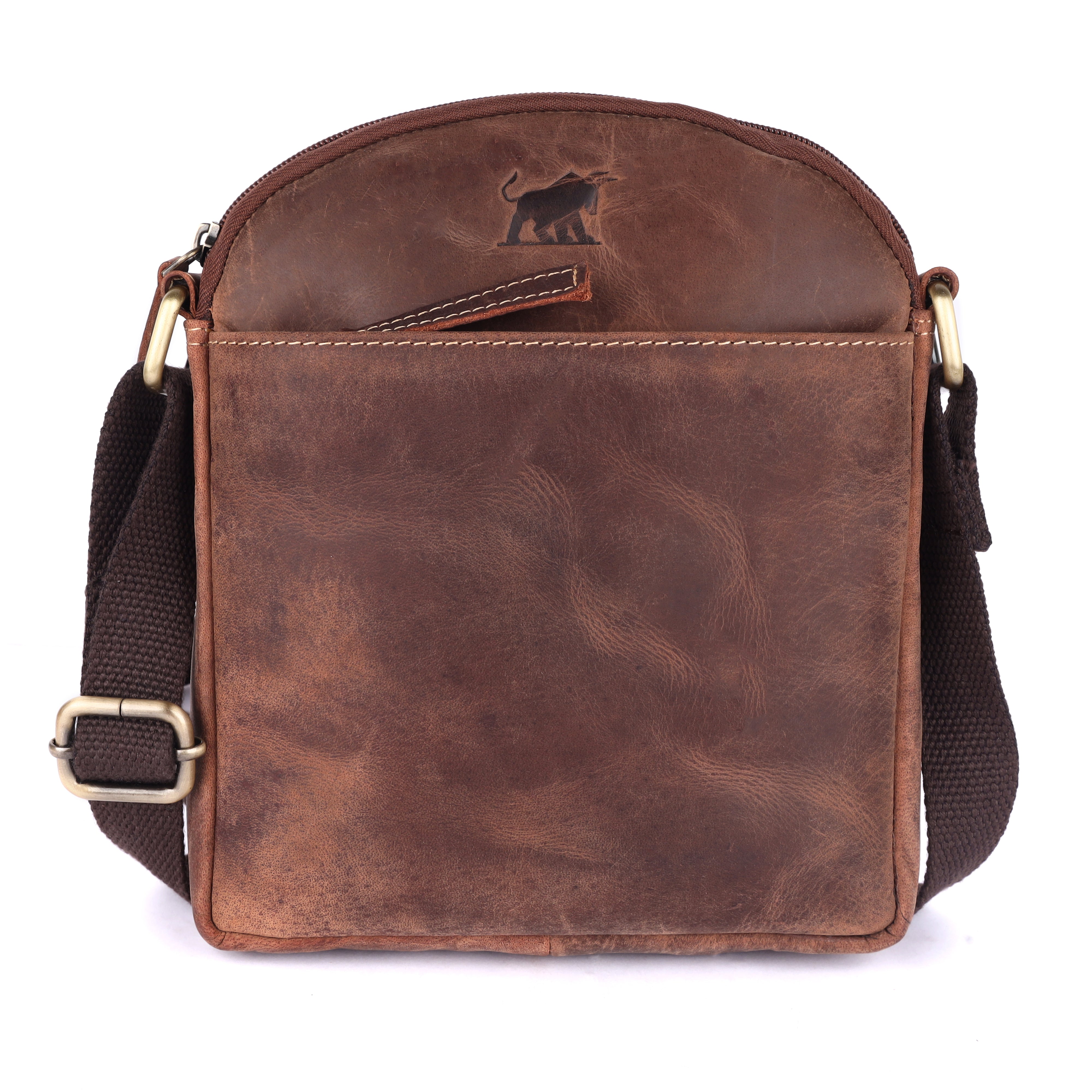 Brown leather crossbody bag with gold accents on a white background