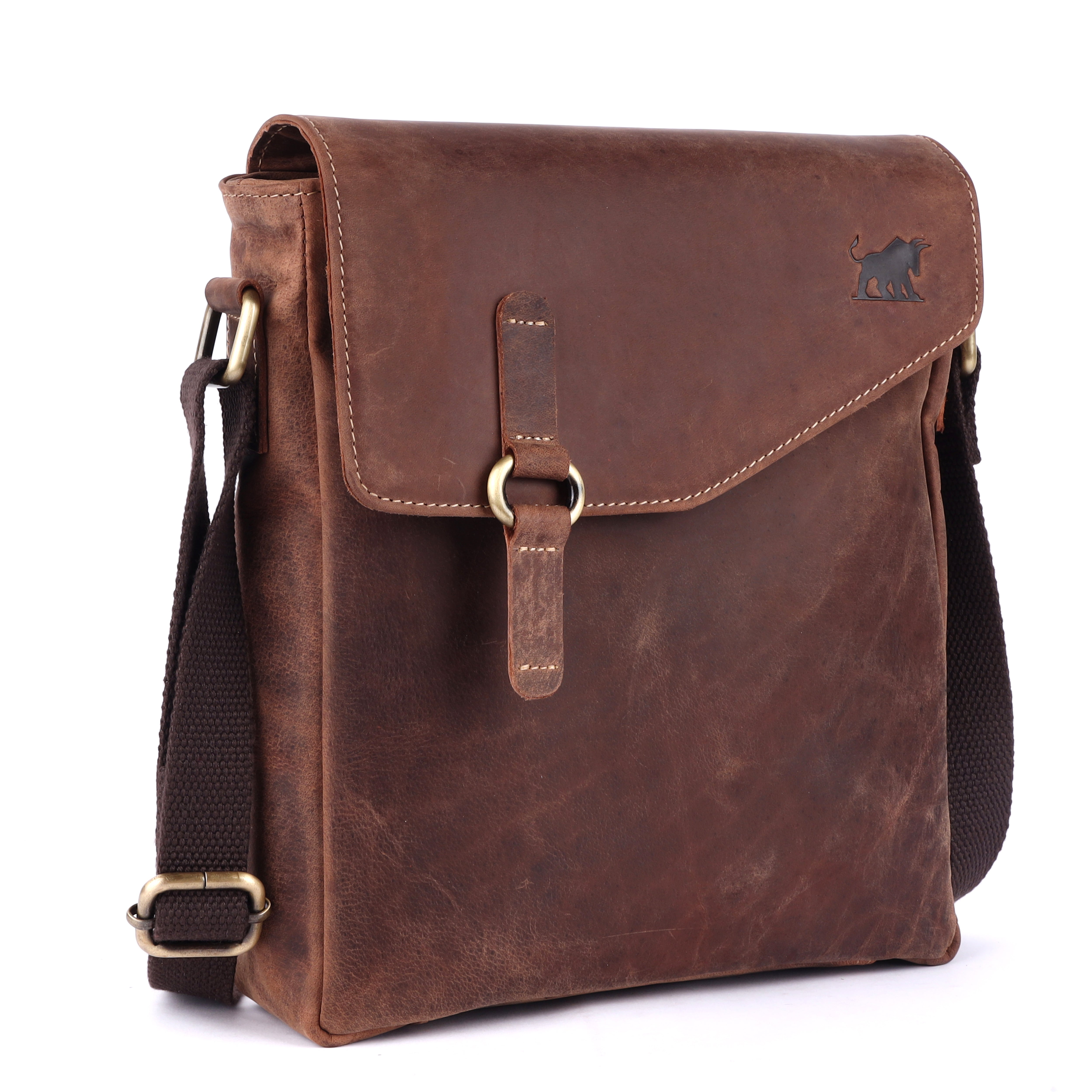Side profile view of the premium brown leather messenger bag highlighting its slim yet spacious design and heavy-duty canvas strap
