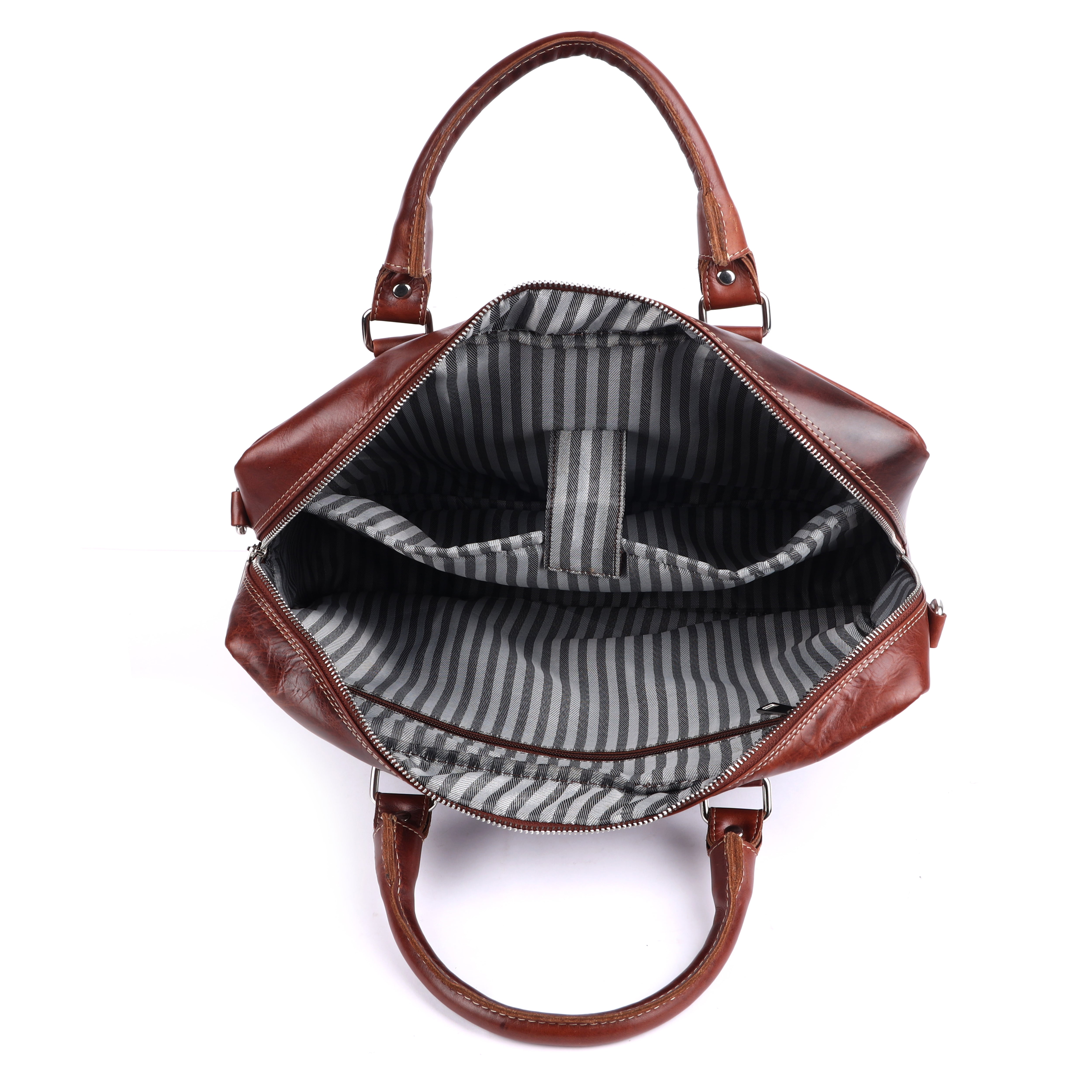 Top-down interior view of the open GM Leather business bag revealing its striped fabric lining, padded laptop compartment, and internal pockets.