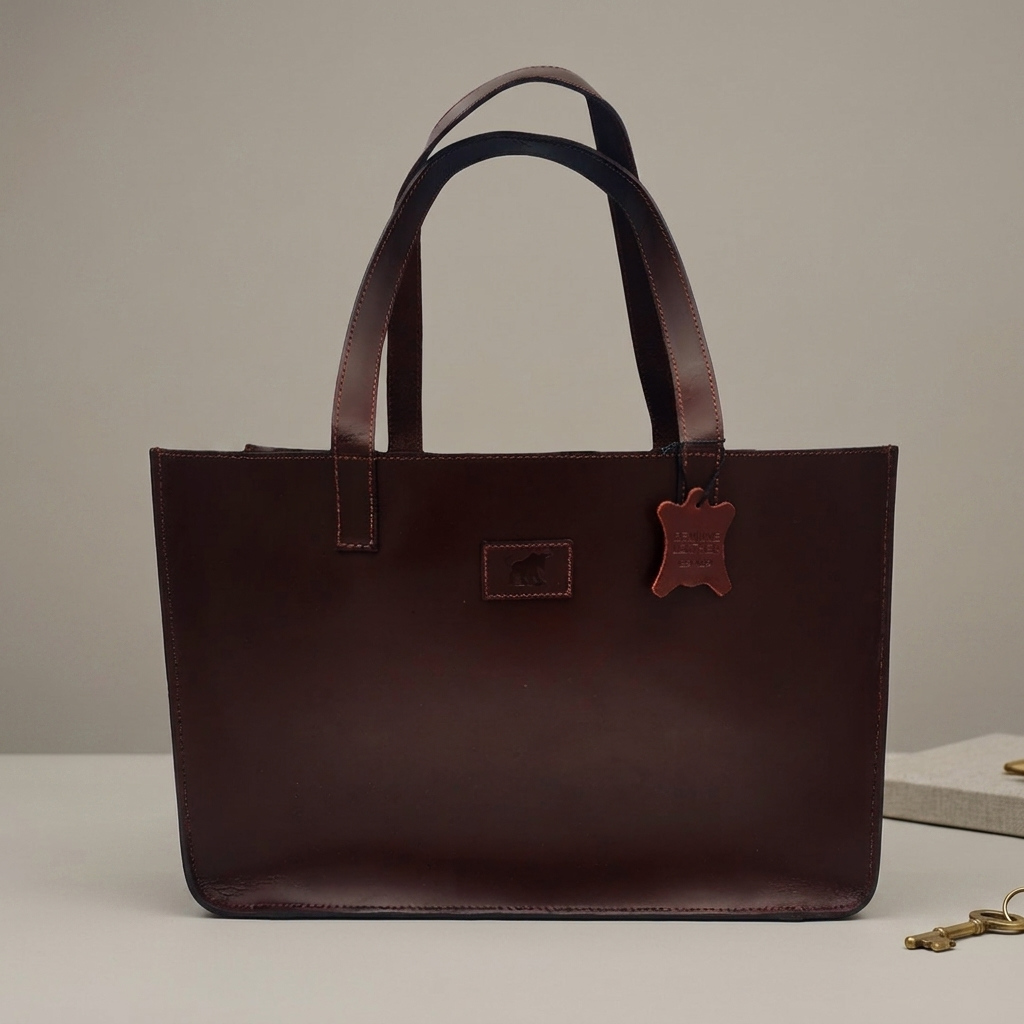 A dark brown leather tote bag with matching leather handles, featuring a small rectangular logo patch and a hanging leather tag on the front, set against a neutral beige background.