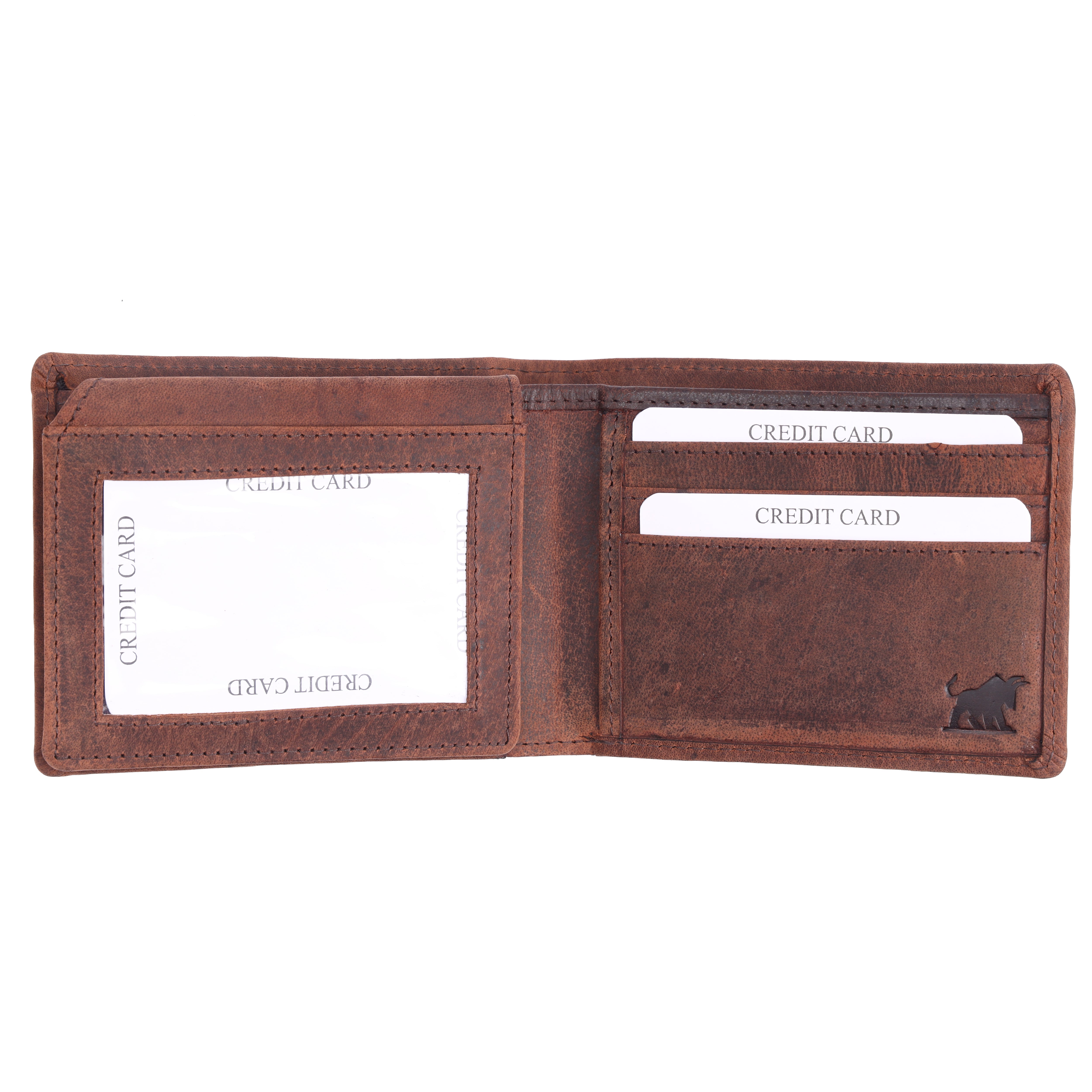 Interior of GM Leather brown leather bifold wallet showing card slots, ID window and handcrafted details