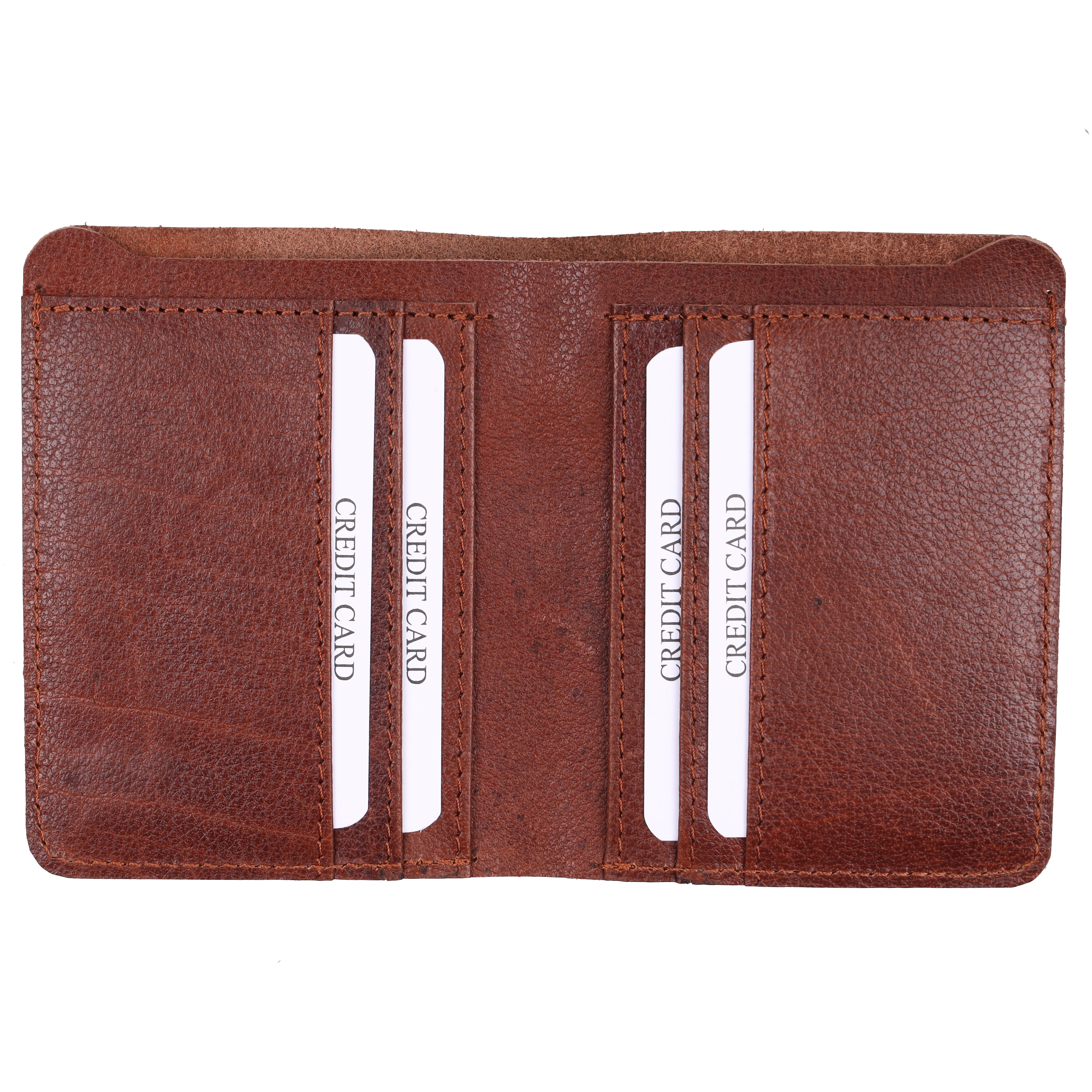 Open view of GM Leather premium brown leather wallet showcasing credit card slots and precise interior stitching.