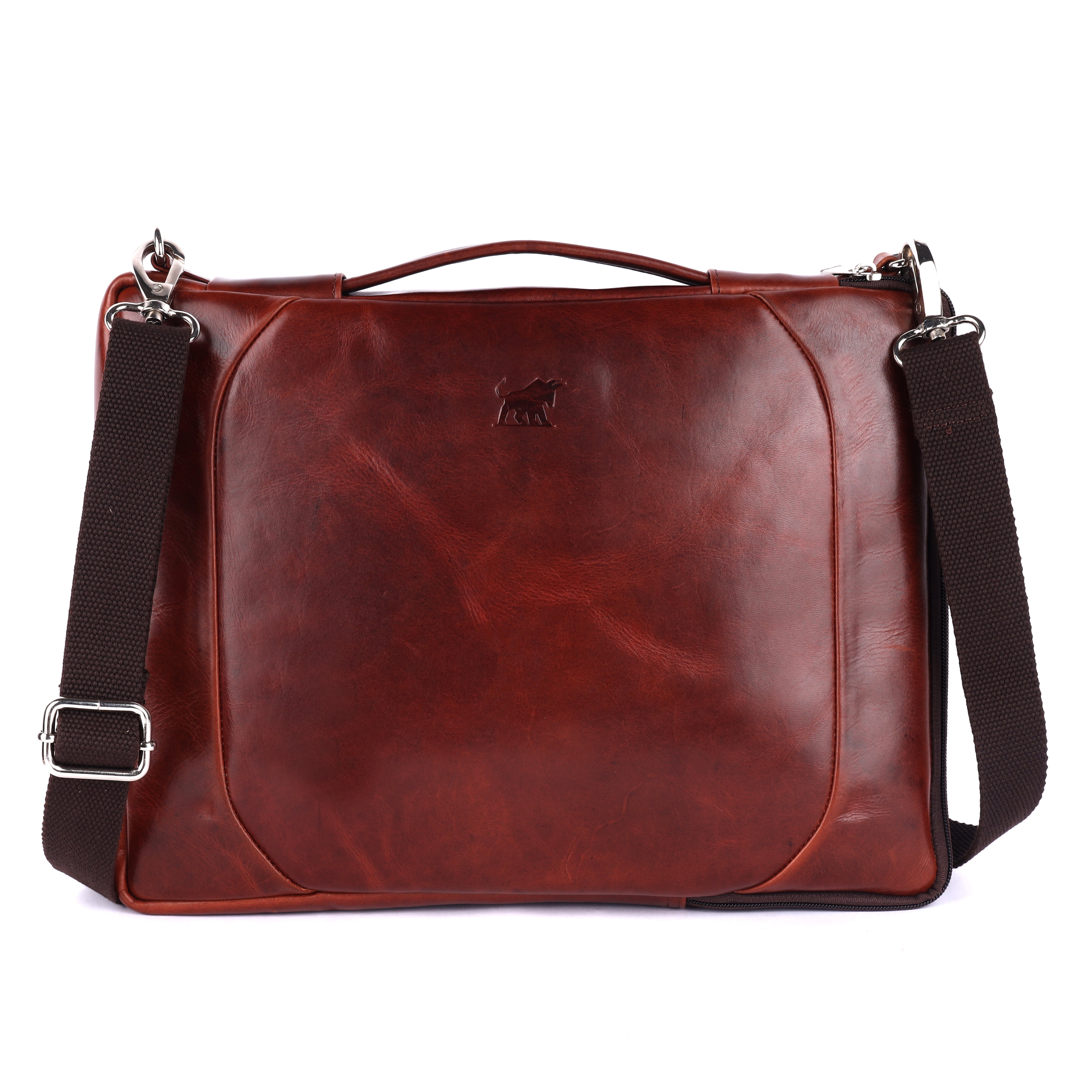 Front view of a premium GM Leather handcrafted brown messenger bag featuring a minimalist embossed logo and adjustable shoulder strap in Auckland