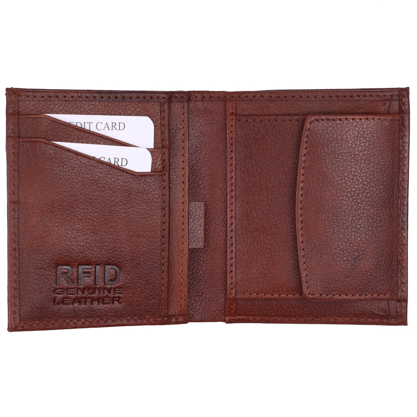GM Leather brown leather wallet open interior layout showing RFID blocking card slots and cash pocket