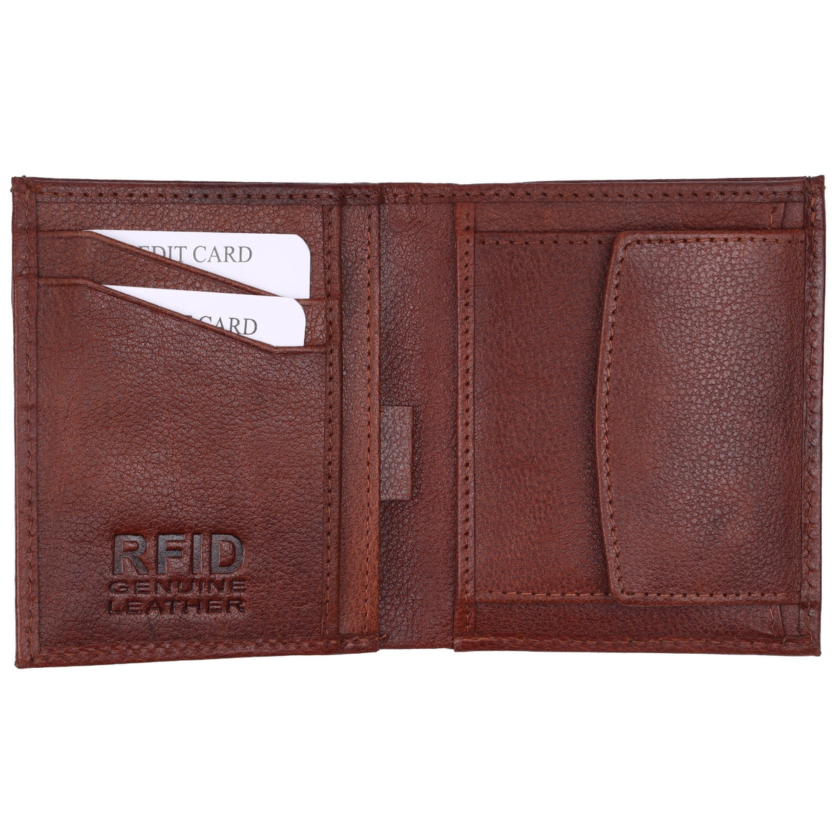GM Leather brown leather wallet open interior layout showing RFID blocking card slots and cash pocket