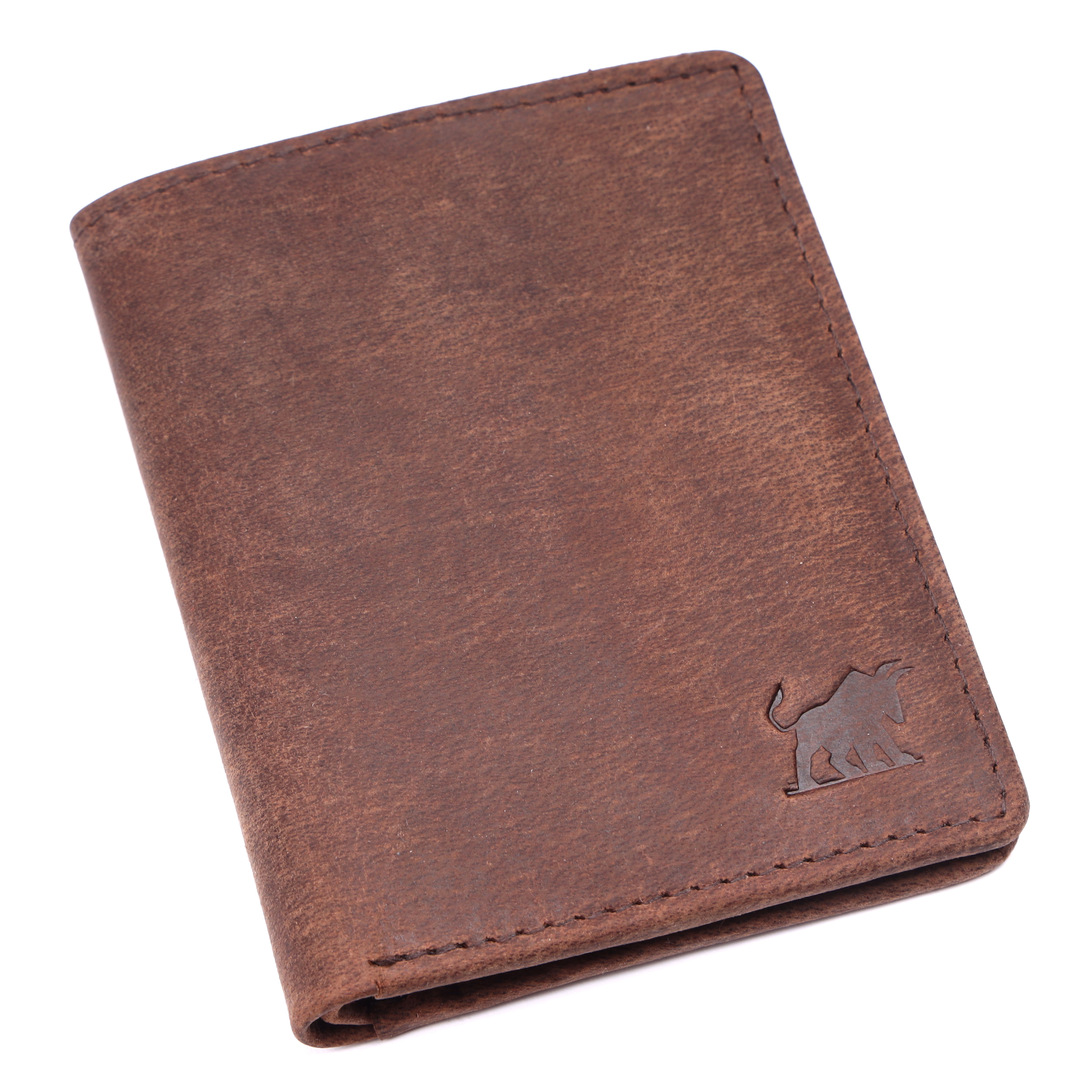 GM Leather premium brown vertical wallet showing card slots and internal zipper compartment.