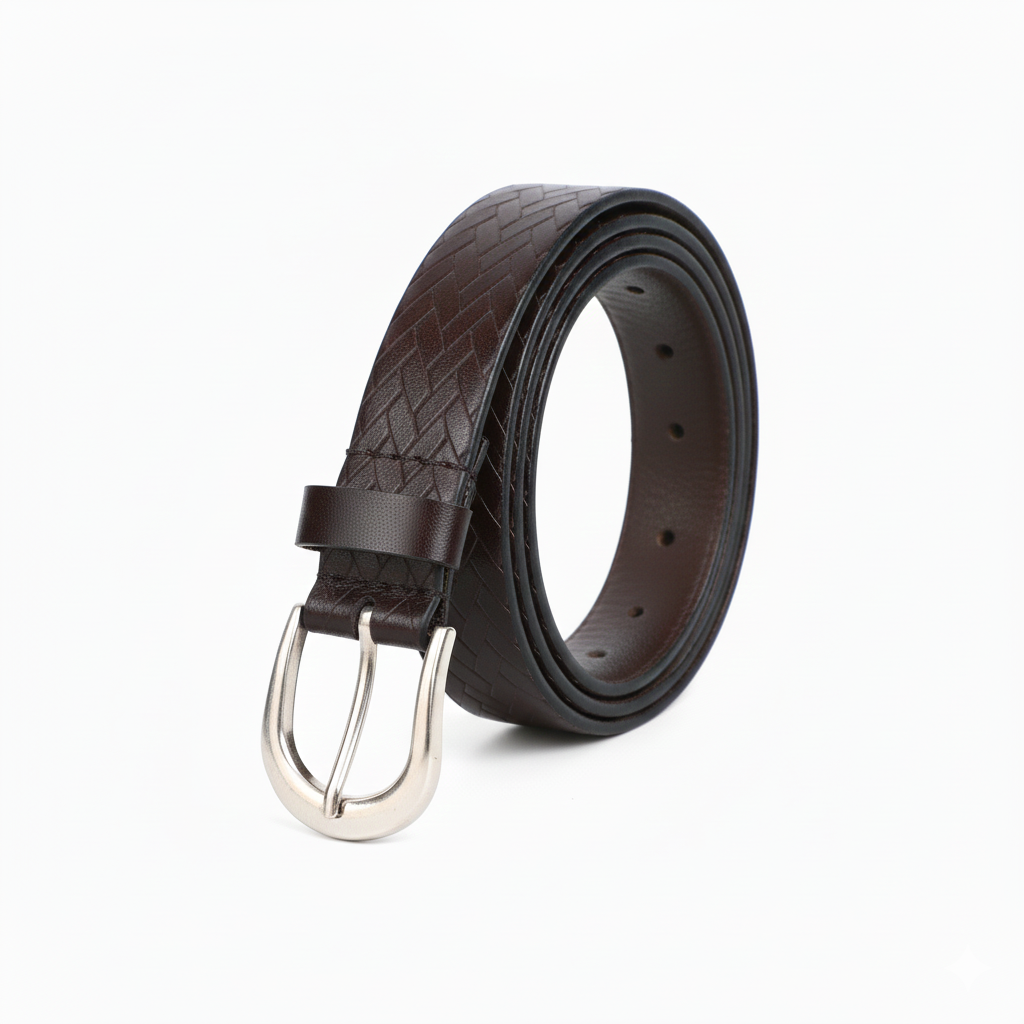 Brown woven genuine leather belt with metal buckle by GM Leather Auckland, displayed on a minimal studio background