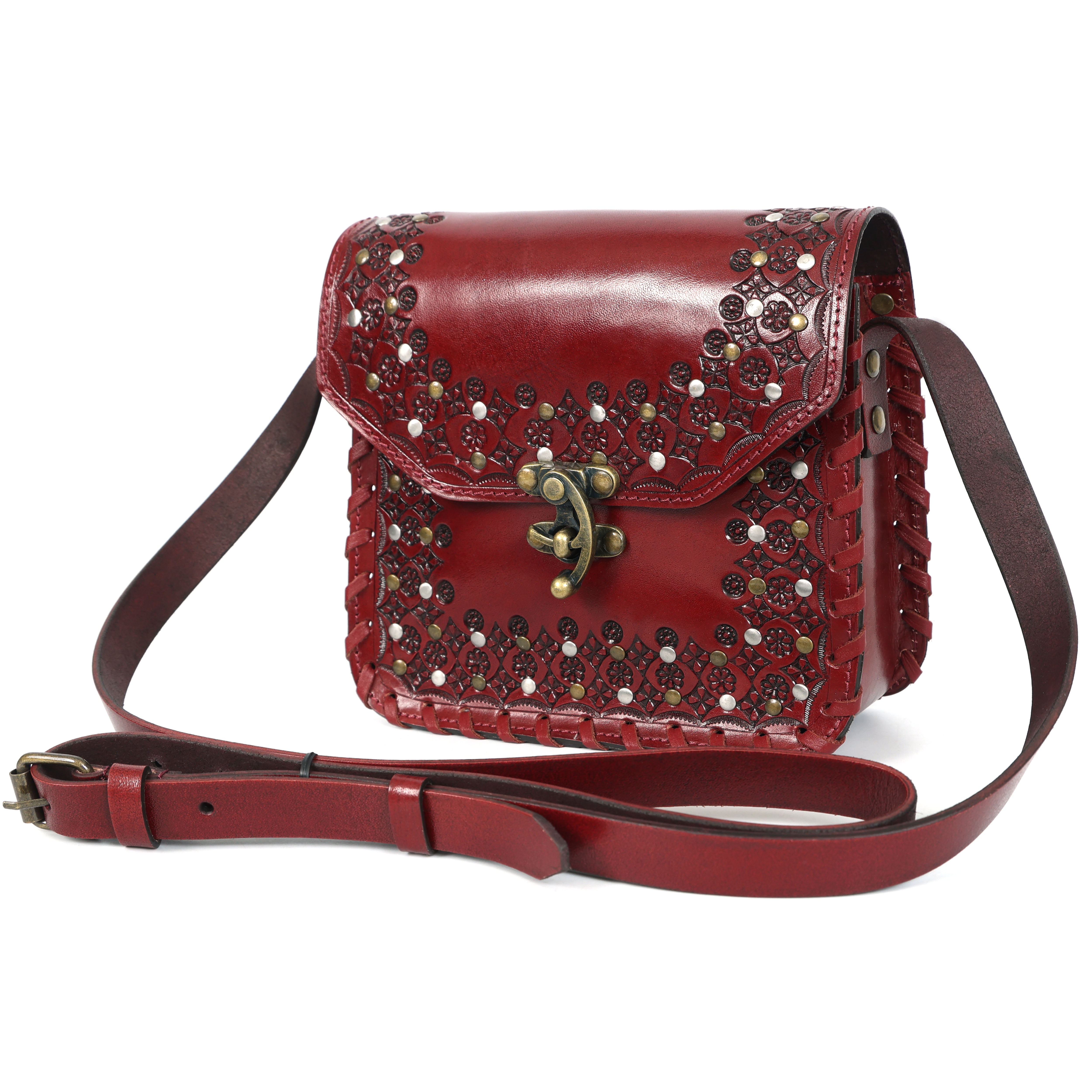 GM Leather handcrafted burgundy crossbody bag with hand-tooled floral patterns and brass clasp, available in Auckland New Lynn.