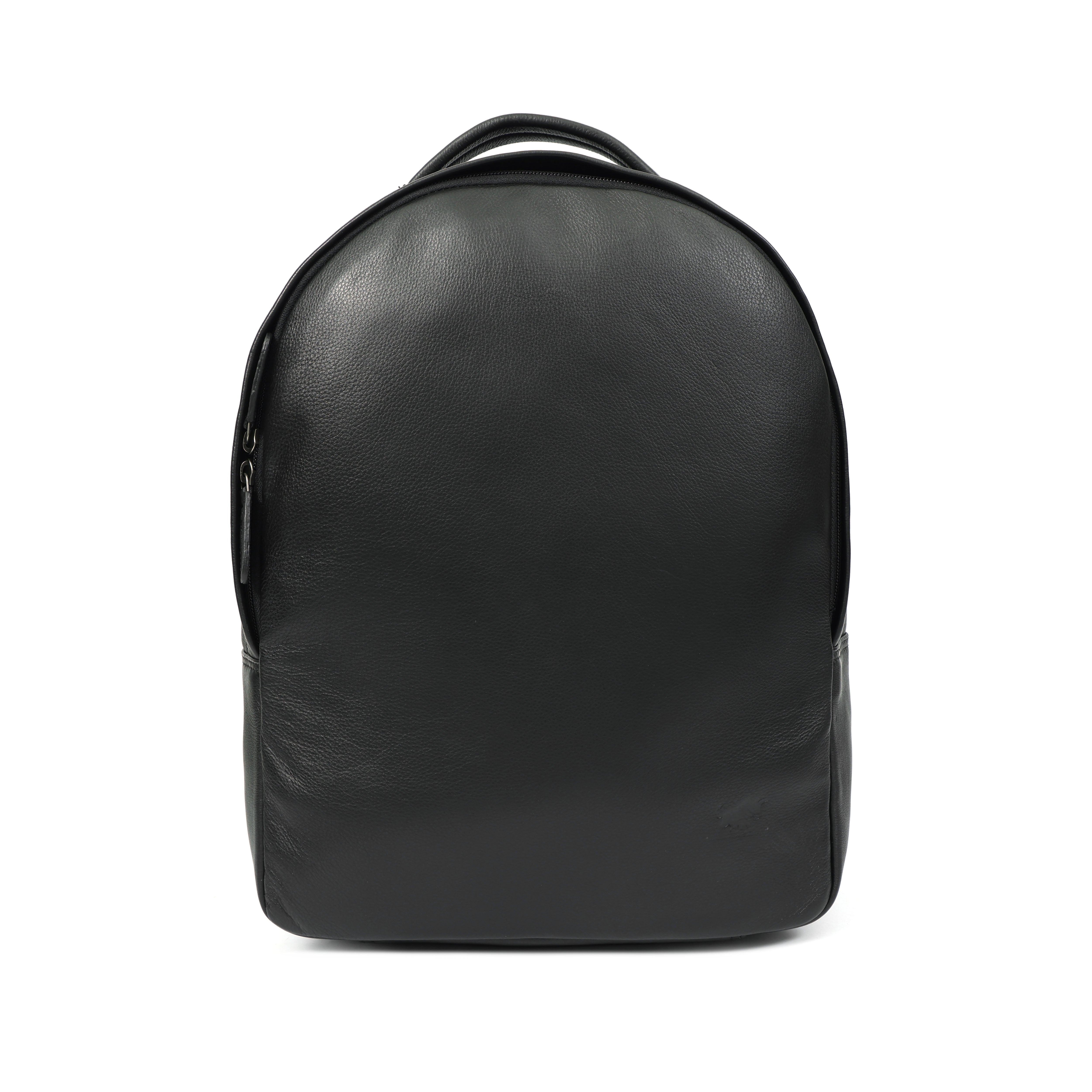 GM Leather Classic Minimalist Black Leather Backpack featuring a smooth matte finish and top handle, displayed with lifestyle accessories in Auckland.