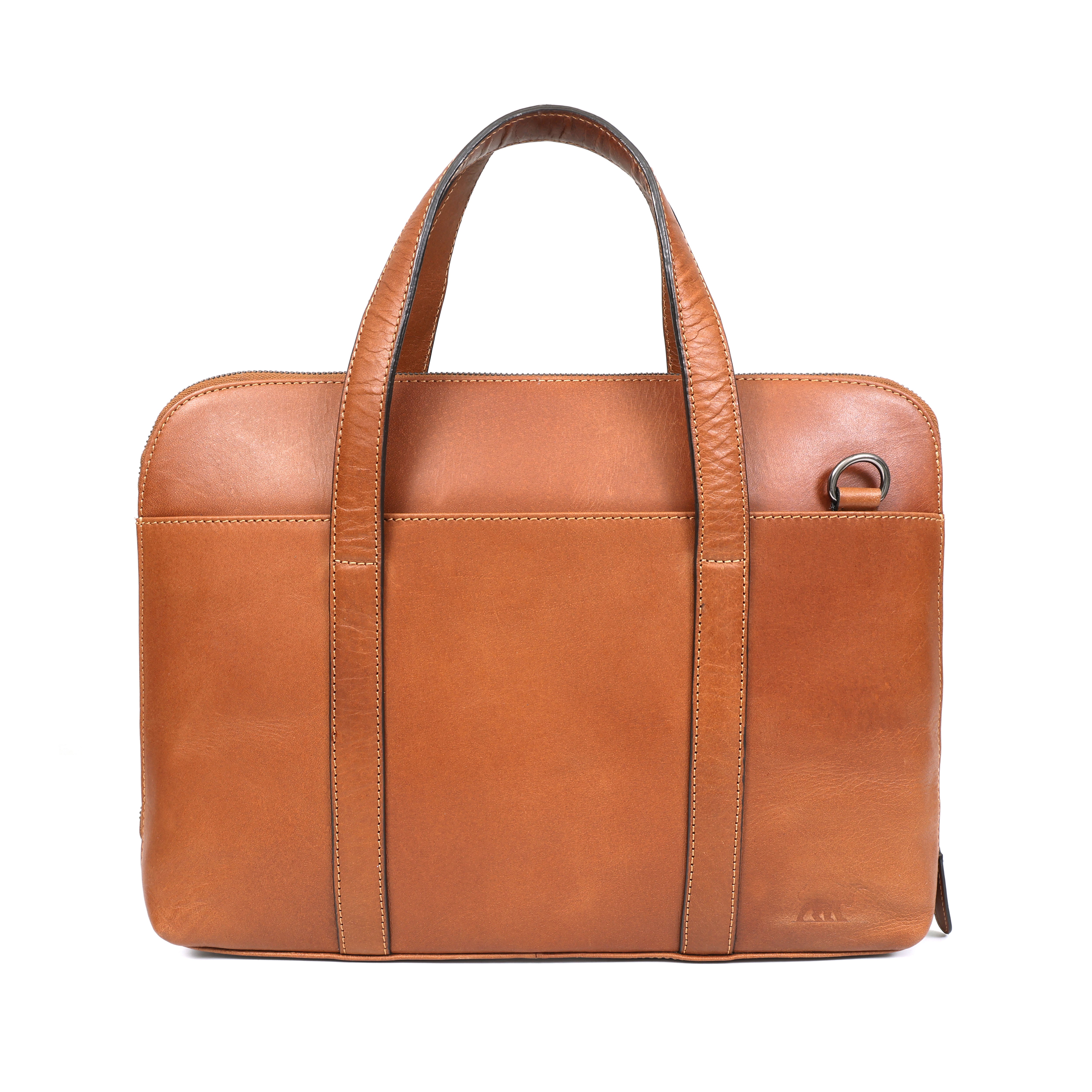 GM Leather classic tan full-grain leather laptop bag/briefcase with handles and detachable shoulder strap, high quality product photography Auckland