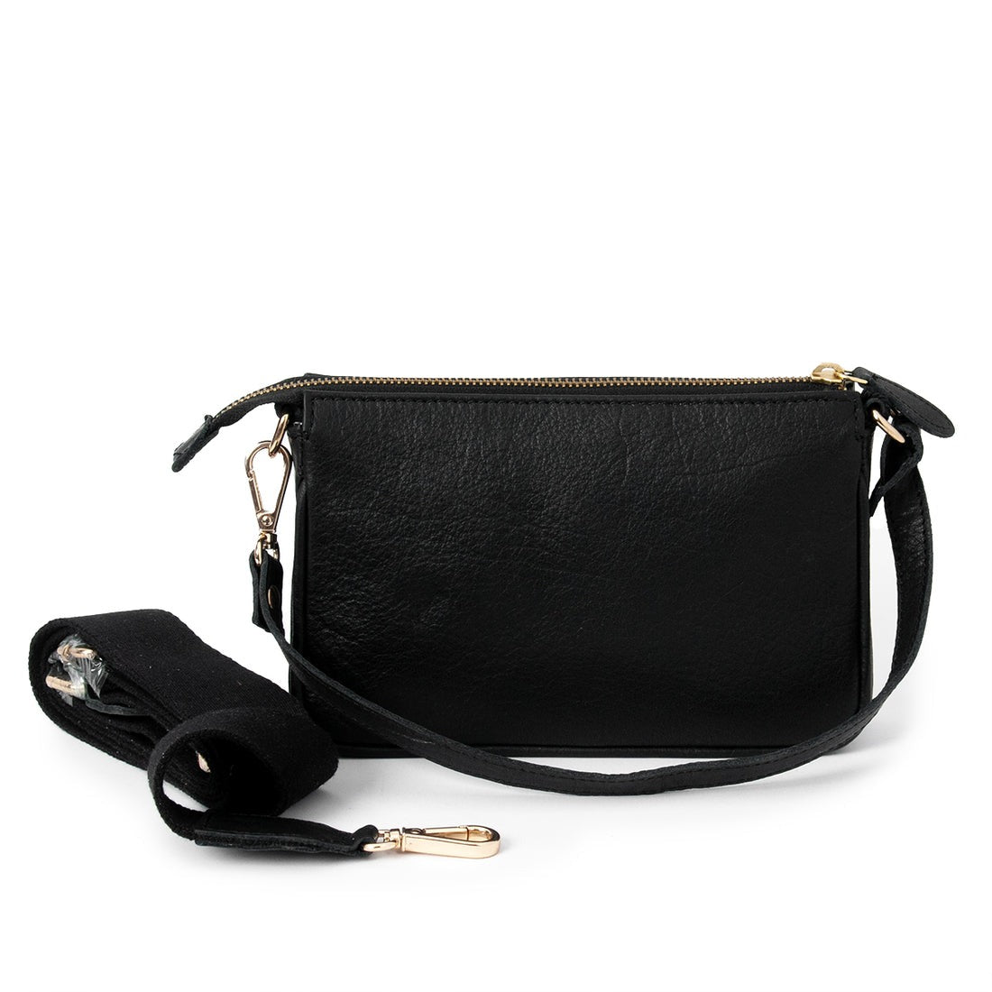 A premium GM Leather handcrafted small black leather bag shown with its two interchangeable straps for use as a crossbody sling or a shoulder clutch, available at LynnMall Auckland.