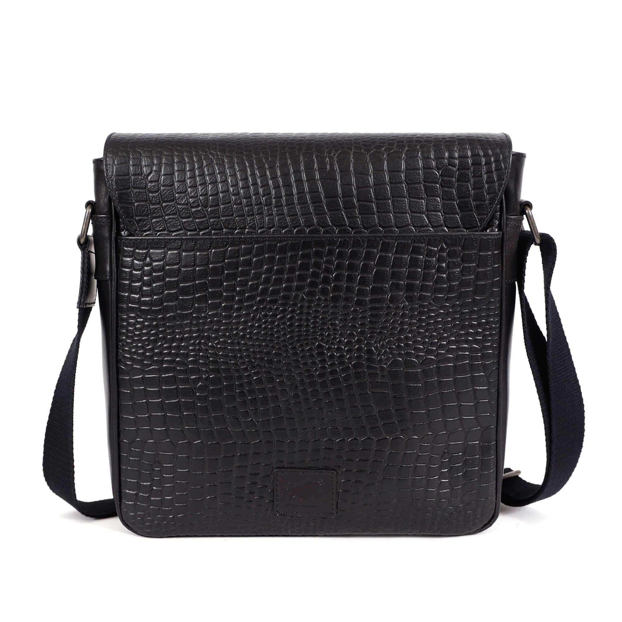 Rear flat view of the GM Leather embossed crocodile texture leather satchel showing the back sleeve and adjustable strap