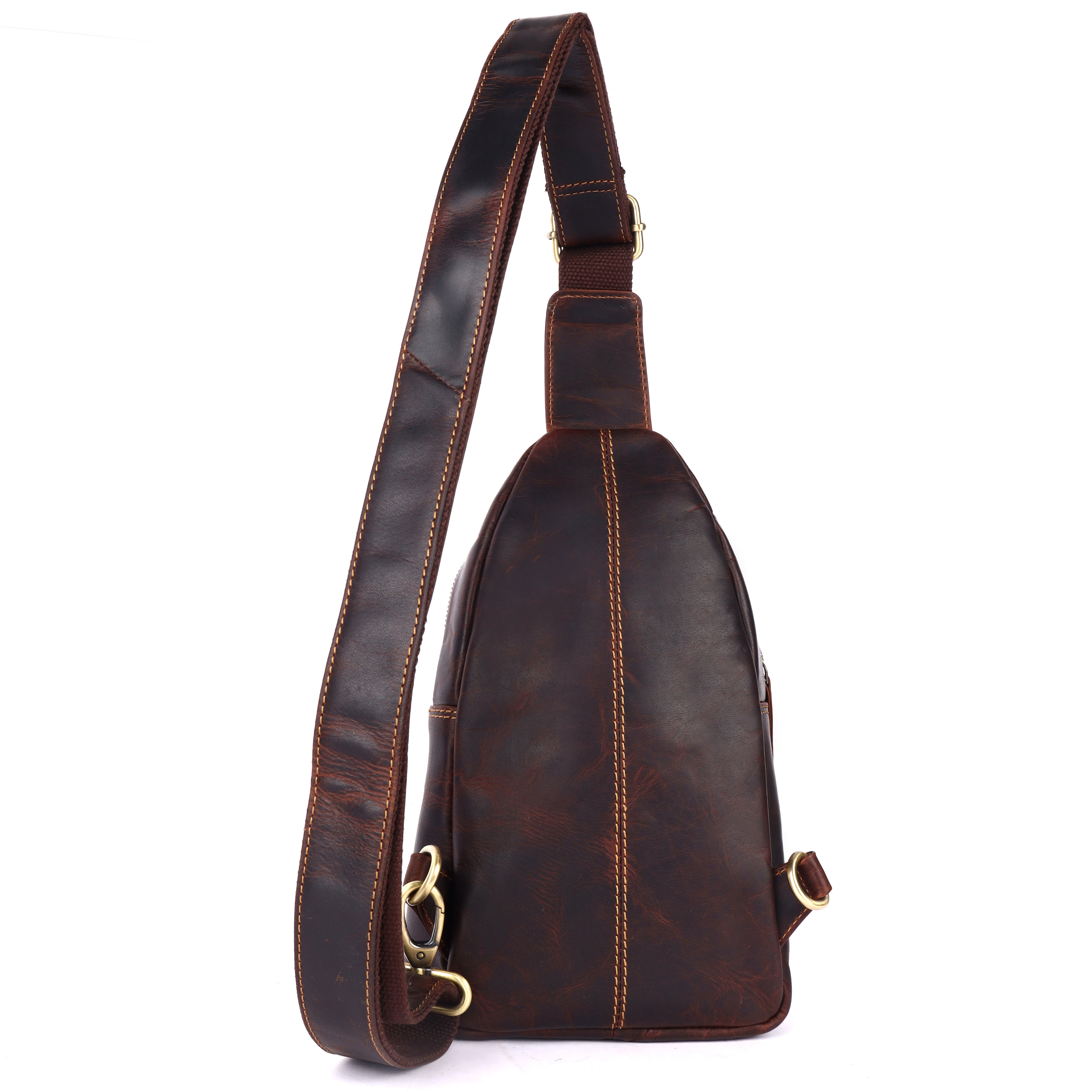 Back view of GM Leather Crossbody Chest Daypack showing the rear leather panel and strap attachment points