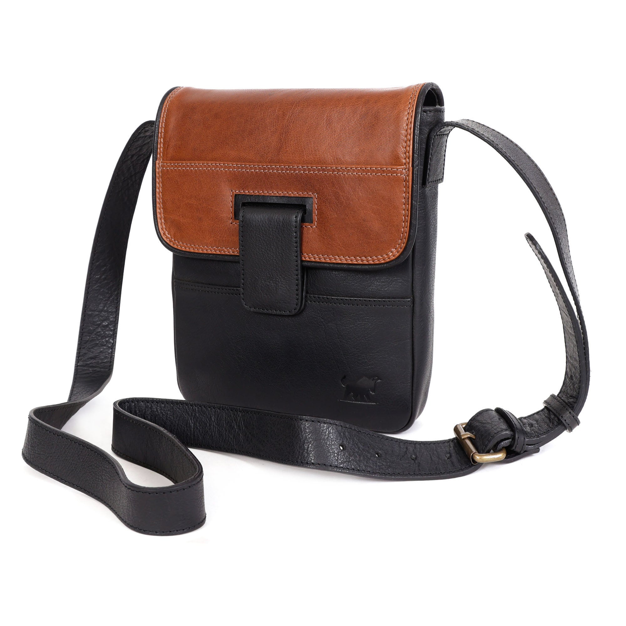 Model lifestyle view at Whakatane Station wearing the GM Leather two-tone premium leather crossbody bag