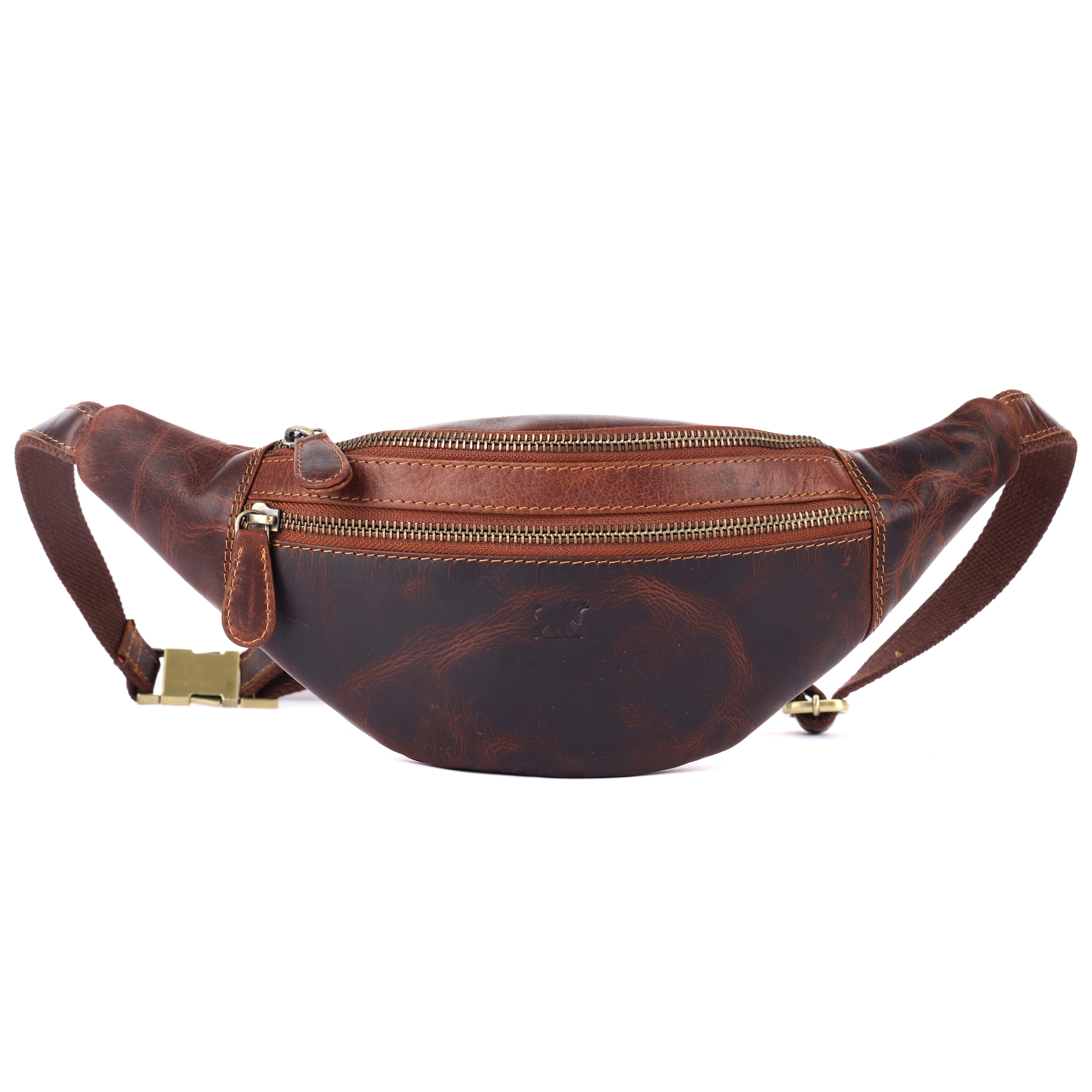 GM Leather dark brown distressed leather bum bag fanny pack waist bag with three zippers and brass buckle Auckland