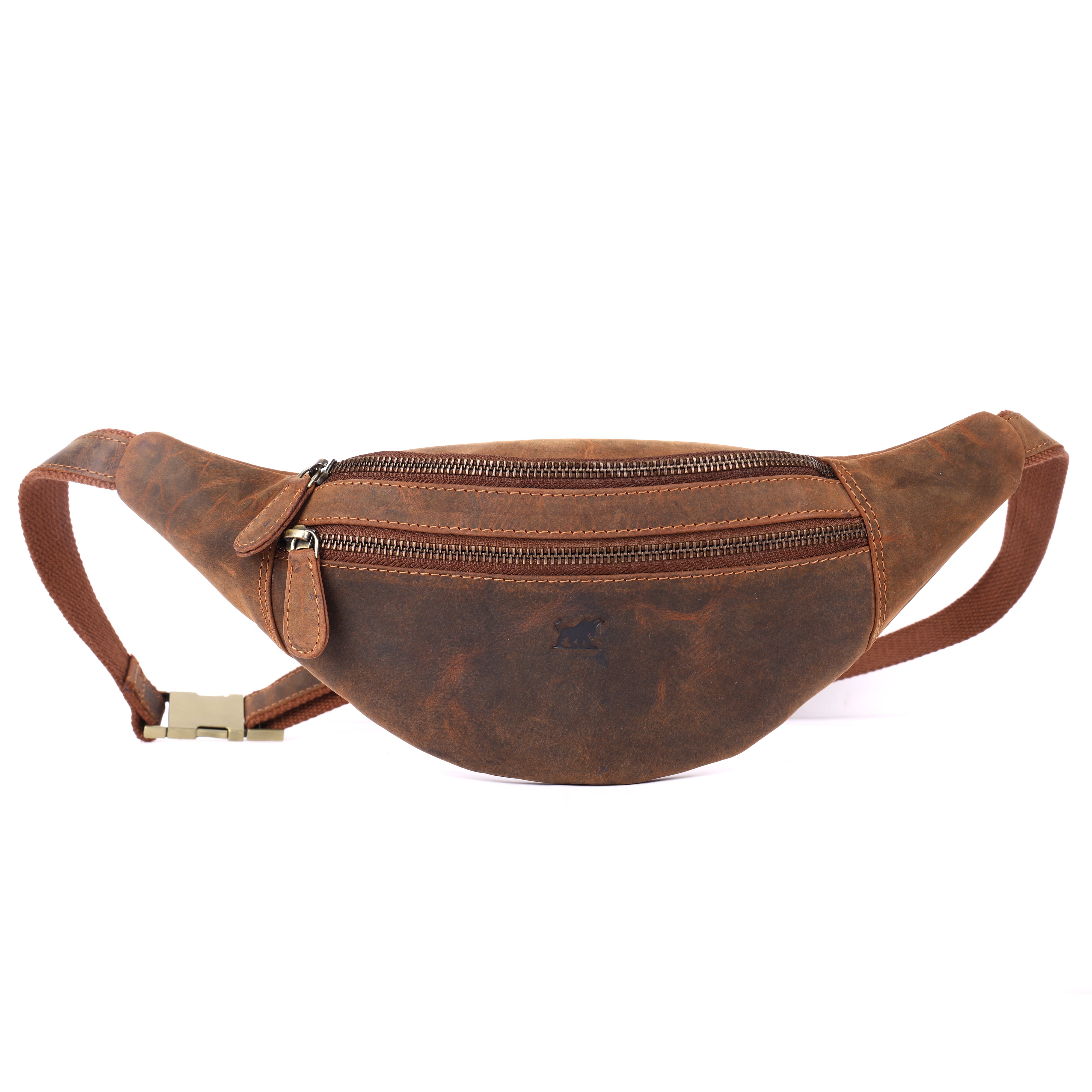 GM Leather distressed dark brown leather bum bag with dual zippers and a rugged finish, available at LynnMall Auckland