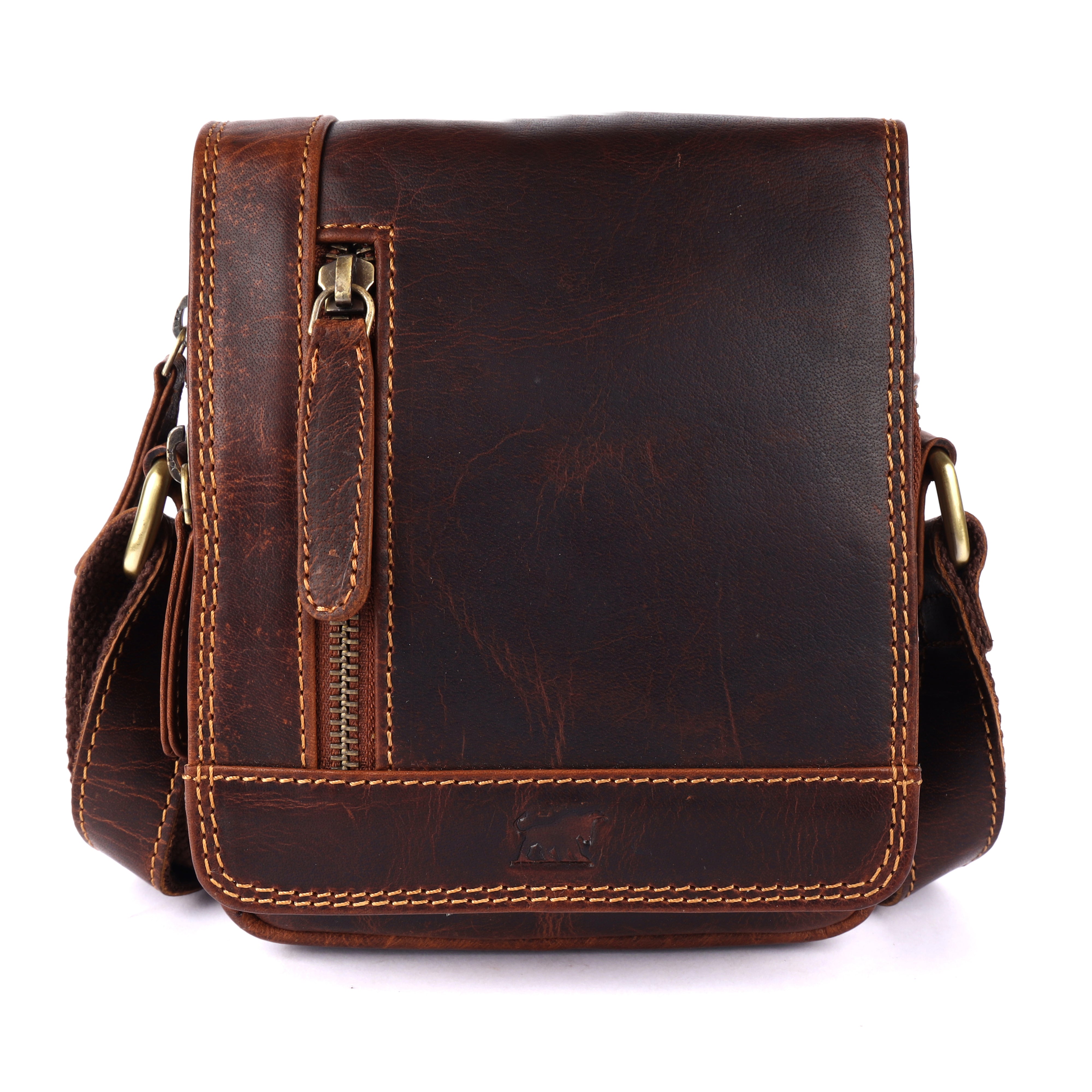 GM Leather distressed brown leather messenger bag with vertical zipper and magnetic flap, available at LynnMall Auckland
