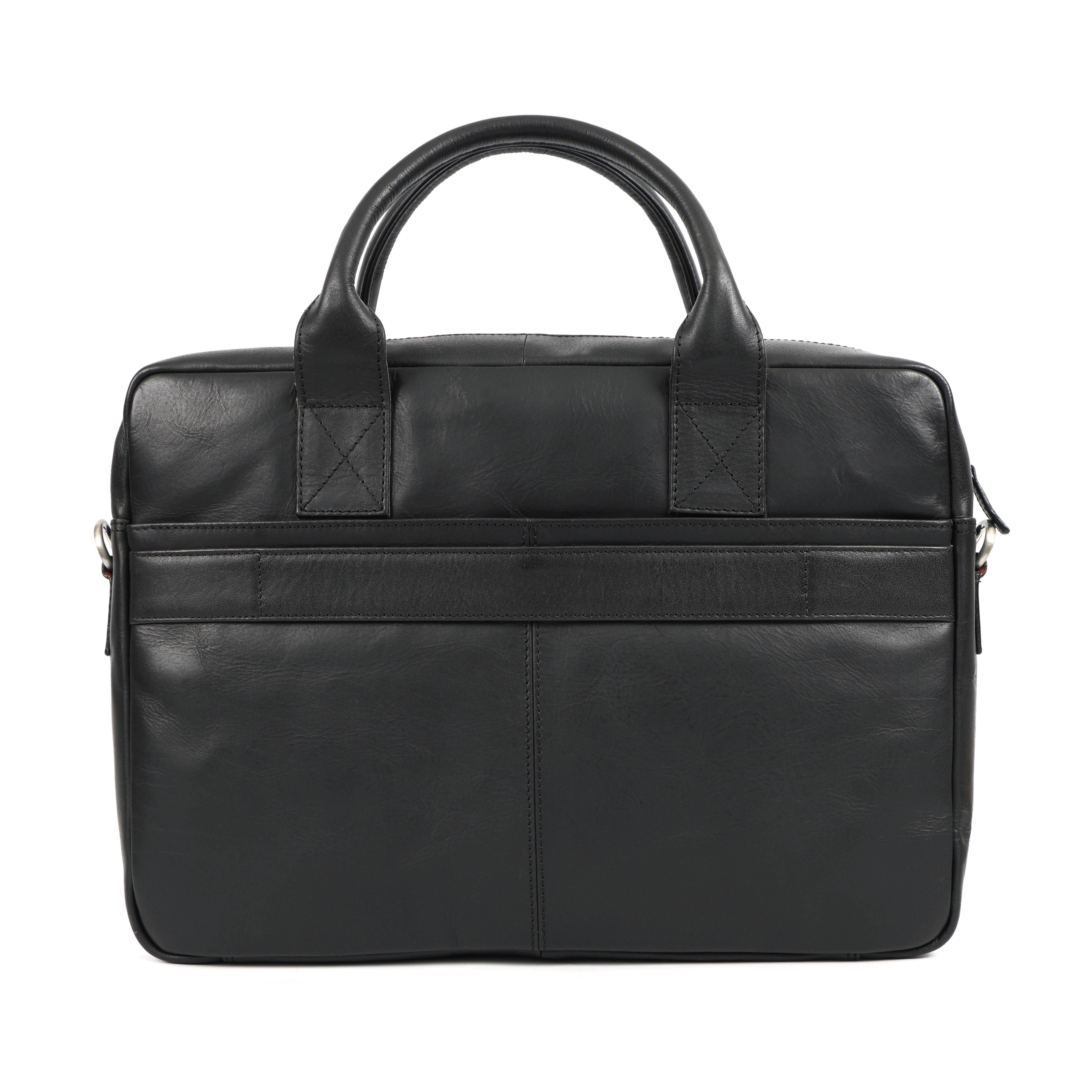 GM Leather Auckland professional black leather laptop briefcase with sturdy handles and detachable shoulder strap on display.