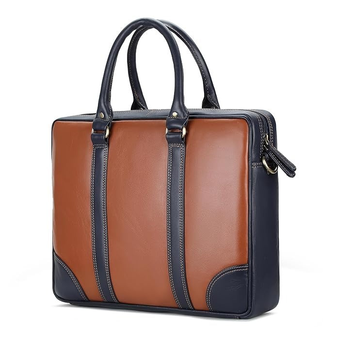 A premium GM Leather executive laptop briefcase featuring rich tan leather with navy blue accents, reinforced top handles, and an organized interior, handcrafted quality from LynnMall, Auckland.