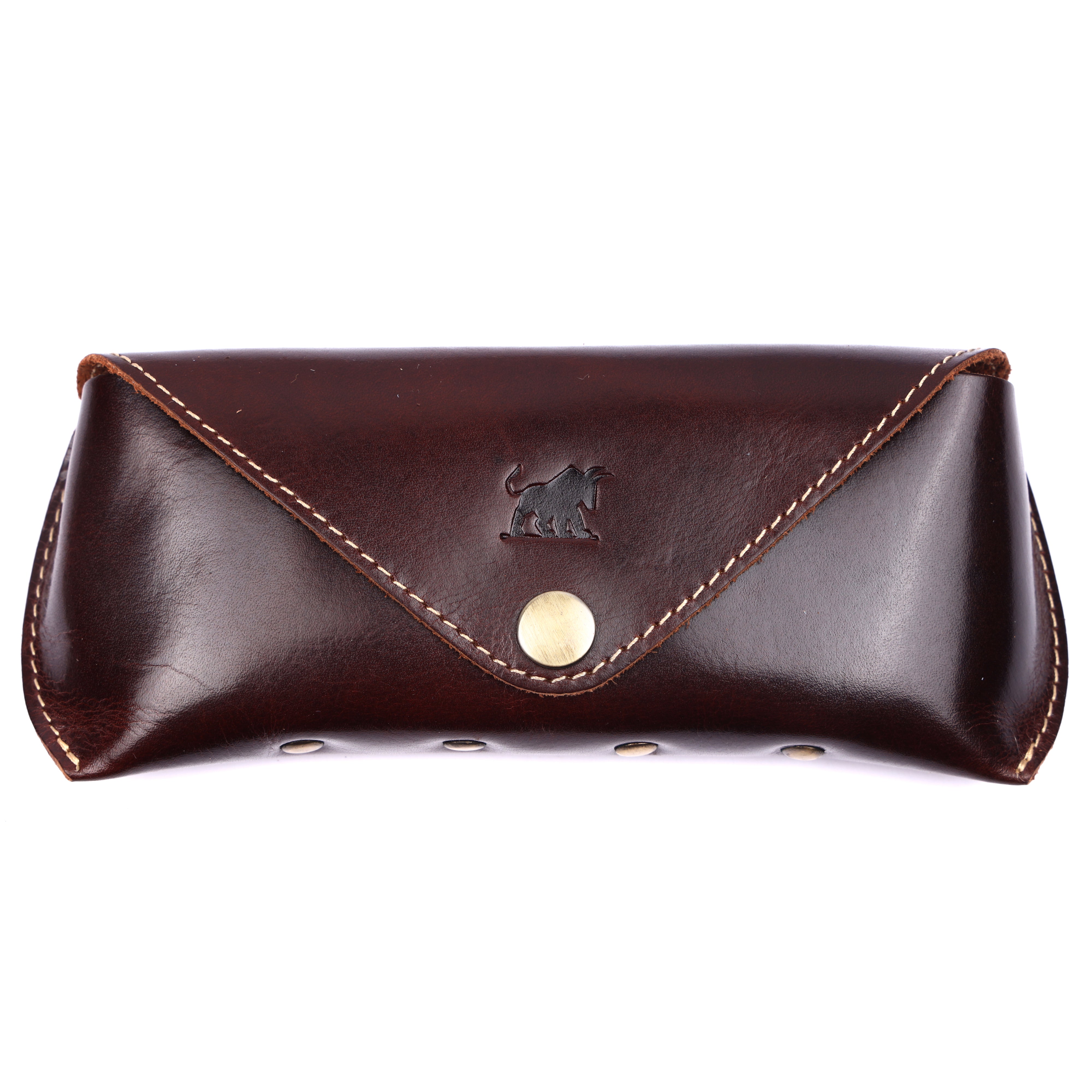Open view of the GM Leather dark brown leather eyewear case revealing the soft protective interior layout and reinforced internal nose bridge support.
