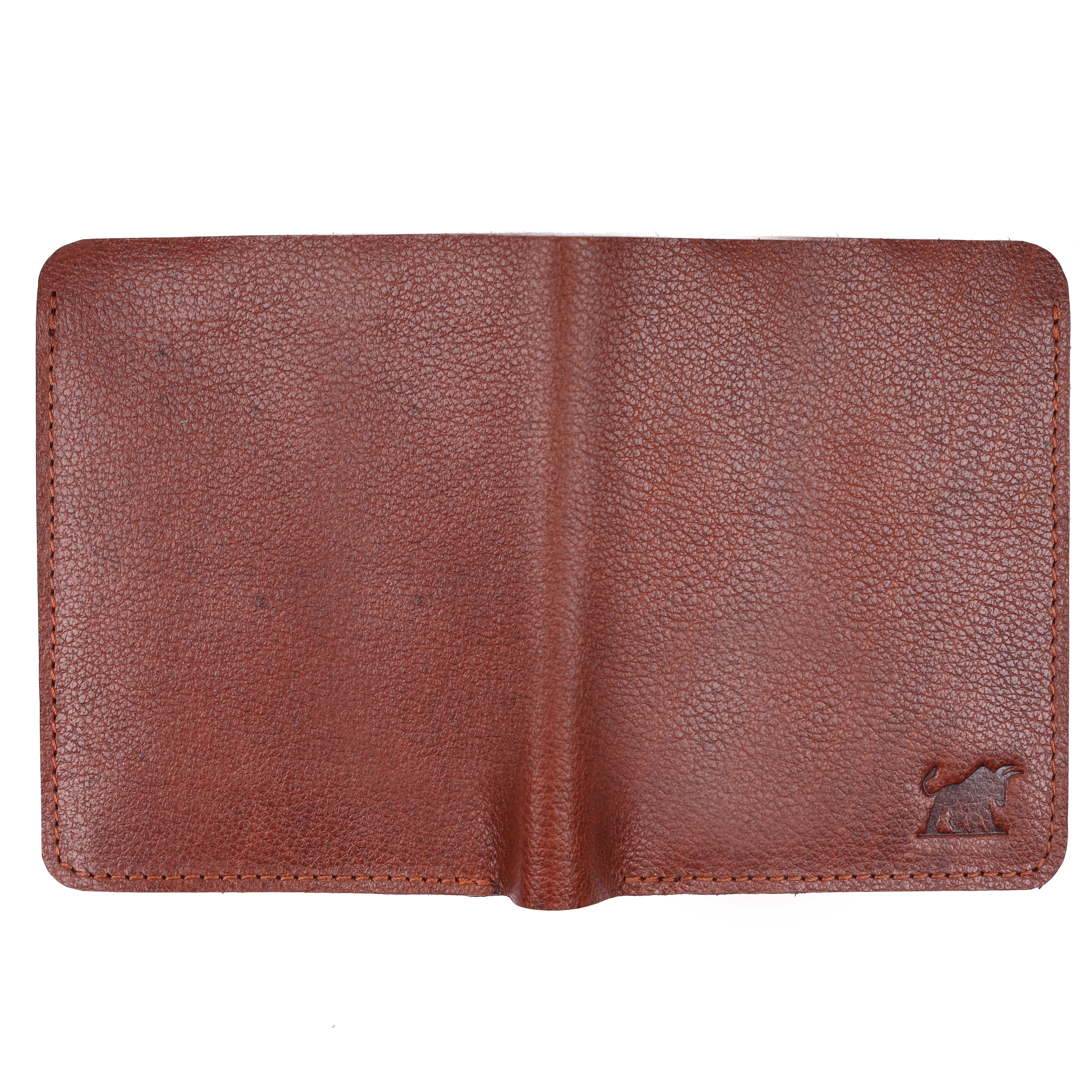 Fully opened flat view of GM Leather authentic brown handmade leather wallet highlighting natural grain and rugged build.