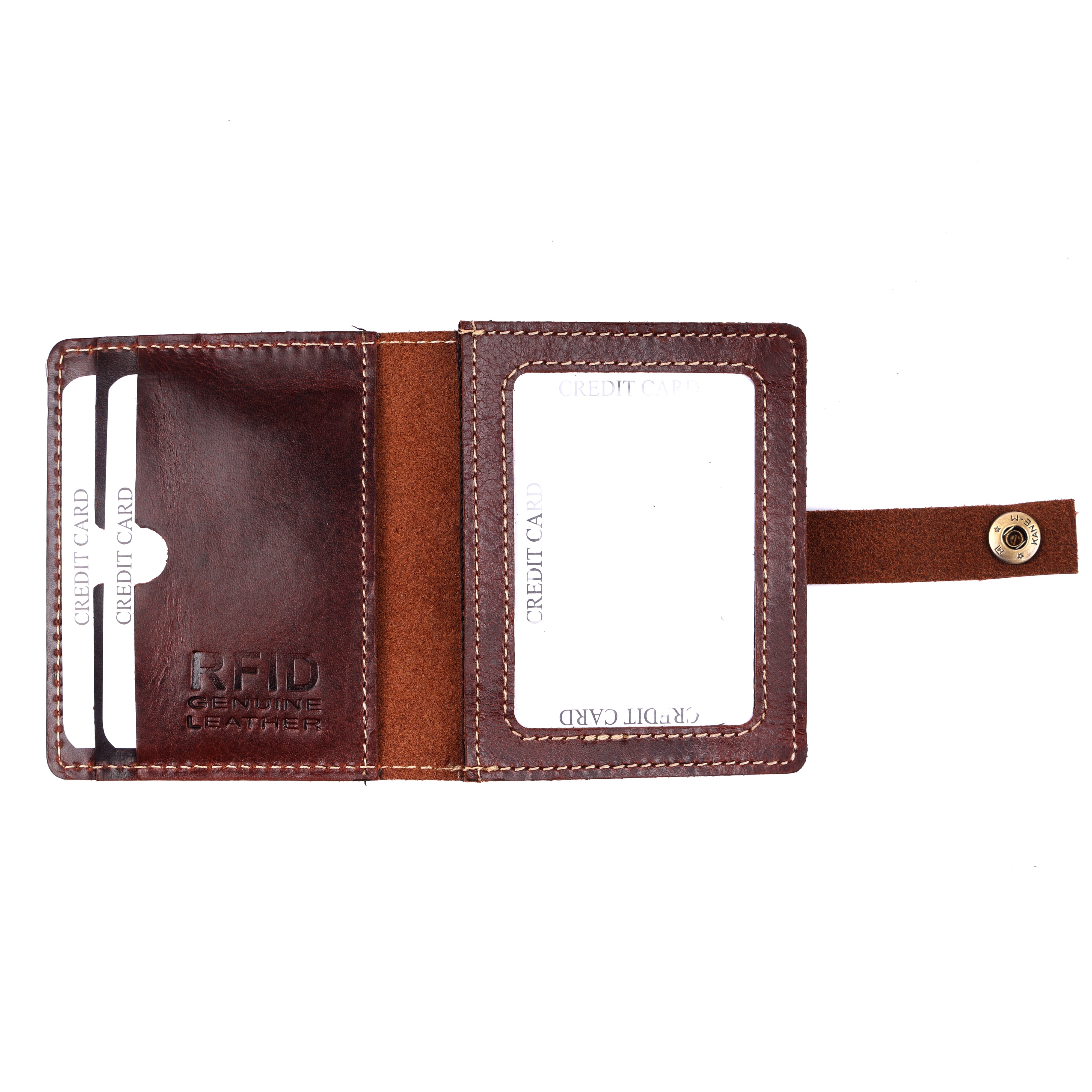GM Leather premium dark brown leather wallet showcasing rugged grain, rich texture, and detailed contrast perimeter stitching.