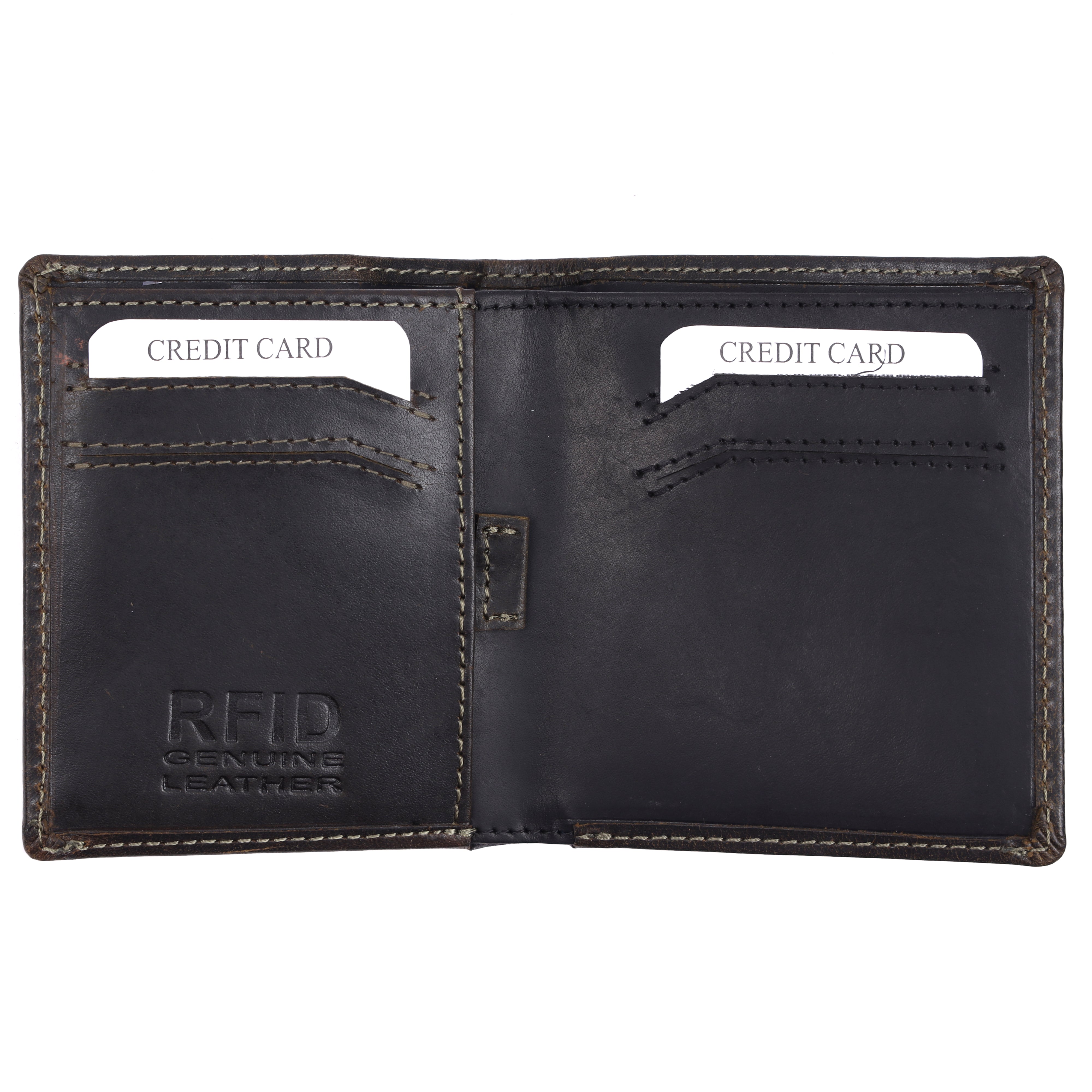 Front view of GM Leather premium black leather wallet highlighting authentic grain and detailed contrast stitching