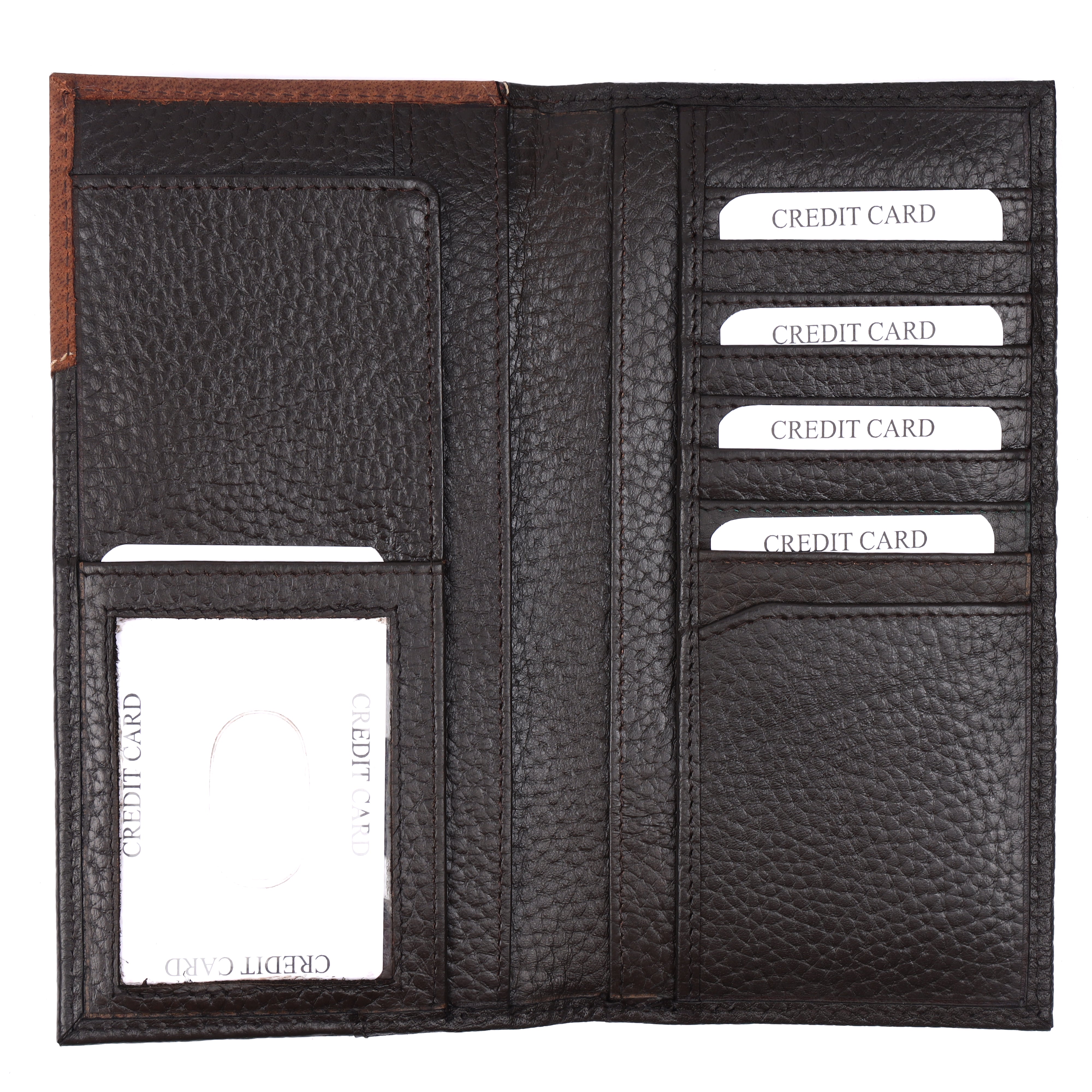 GM Leather tall black pebbled leather clutch featuring a distinct geometric smooth brown leather corner contrast panel.