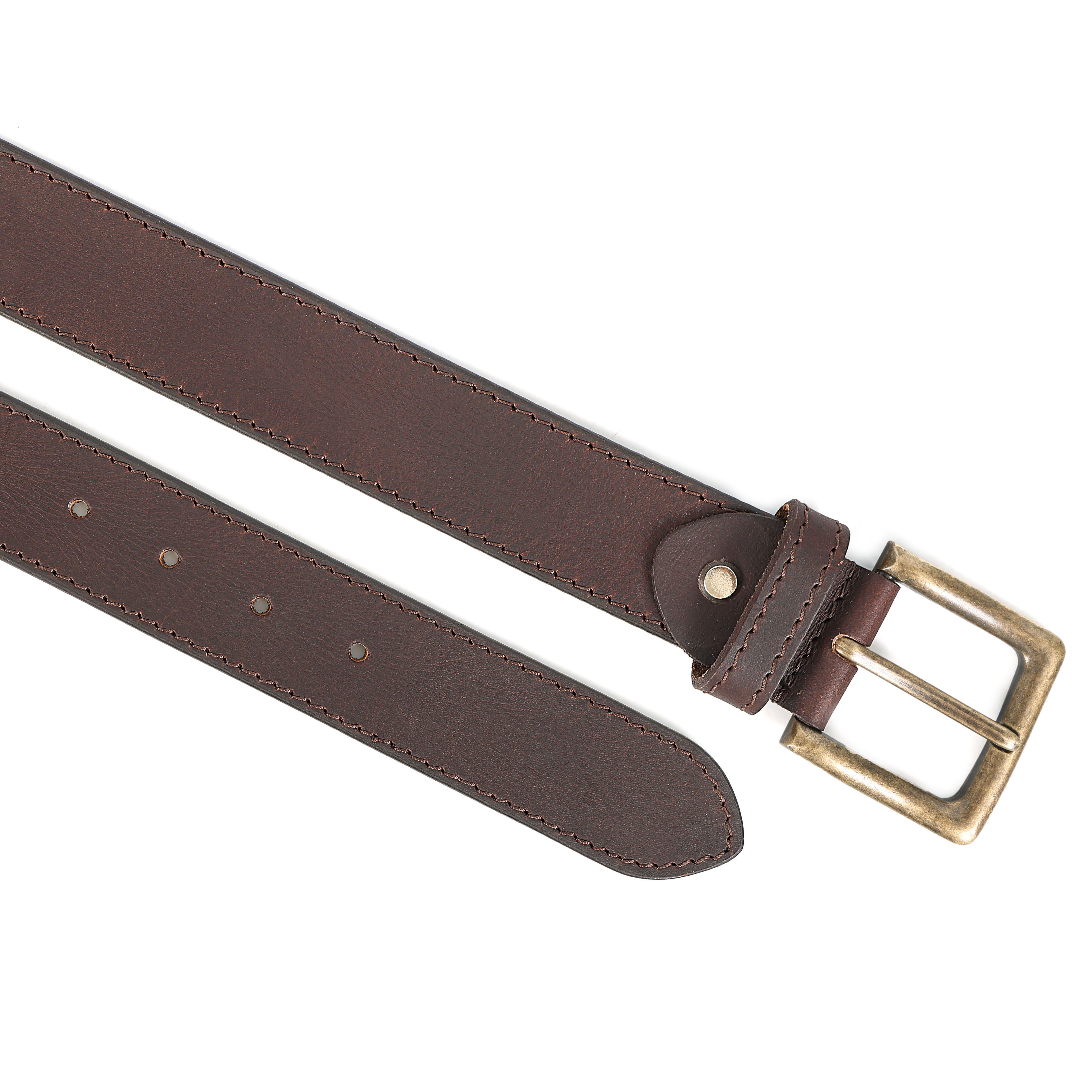 Rugged Men's Full-Grain Brown Leather Casual Belt with a solid antique brass buckle, coiled for display by GM Leather Auckland