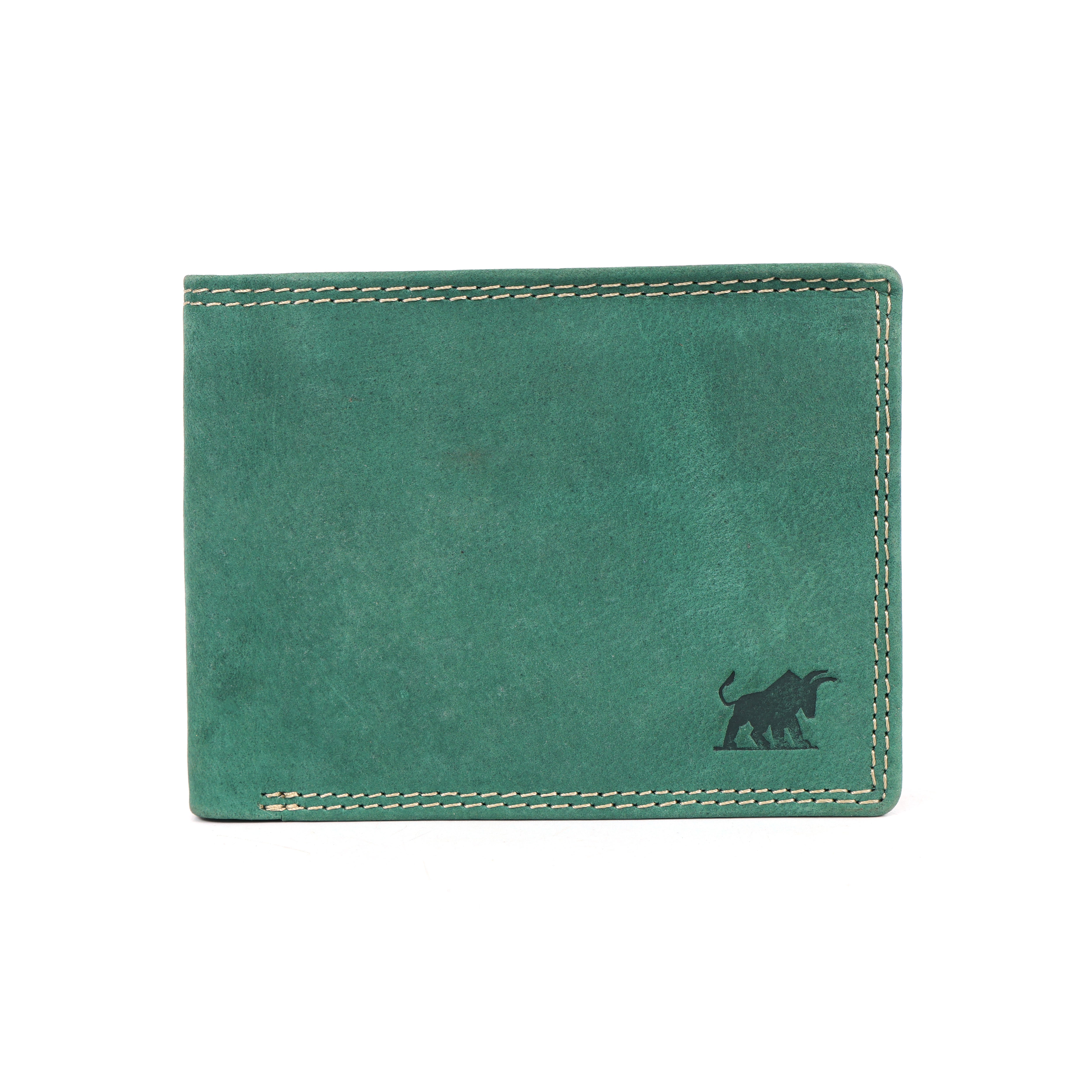 GM Leather Auckland Green Distressed Leather Men's Bi-Fold Wallet, showing the coin zipper pocket, card slots, and New Zealand currency