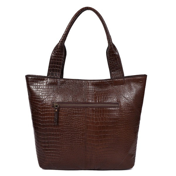 GM Leather green leather tote bag showing back zipper pocket and reinforced handles