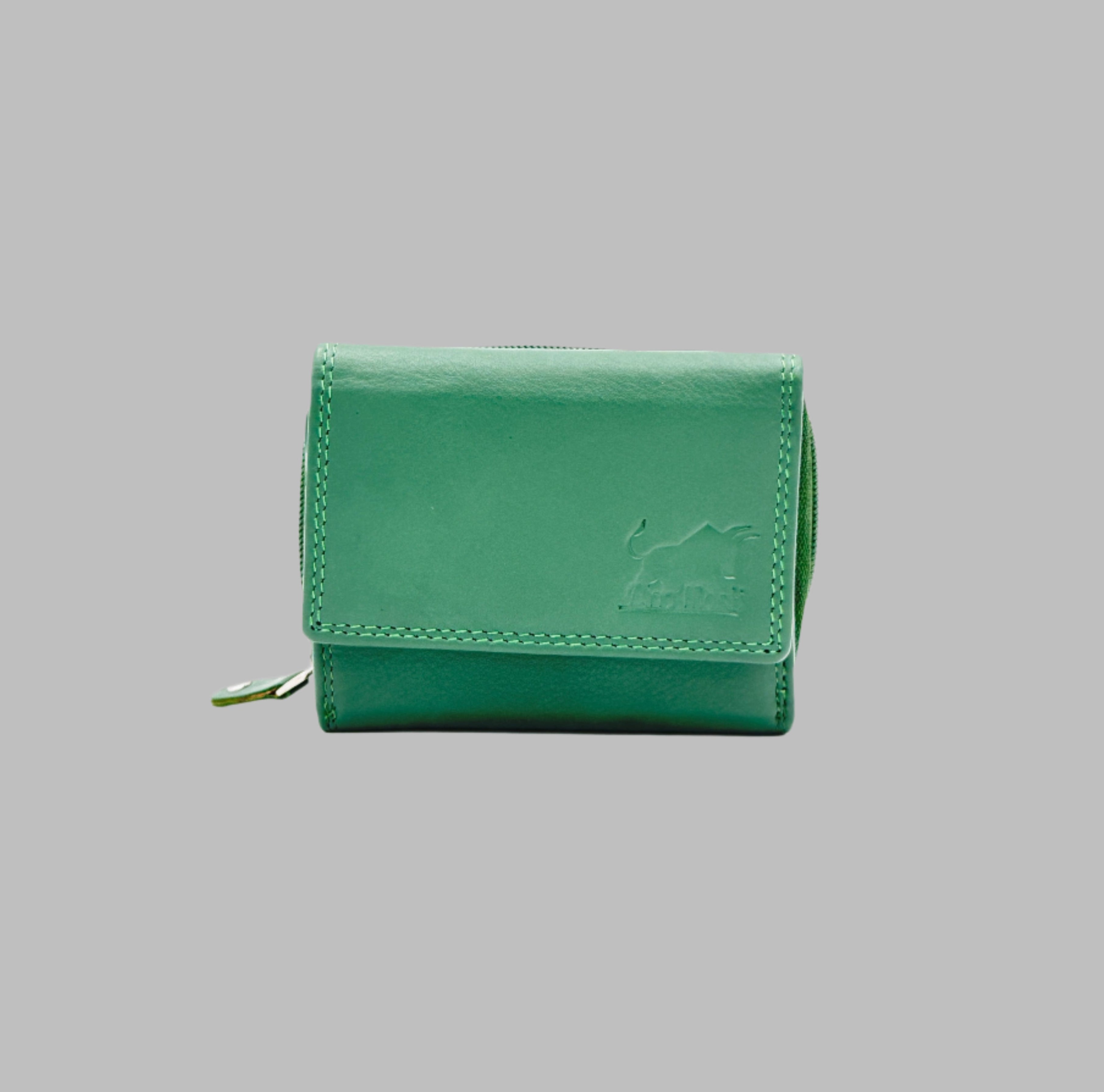 GM Leather green RFID wallet showing credit card slots and a central zippered coin compartment in Auckland.