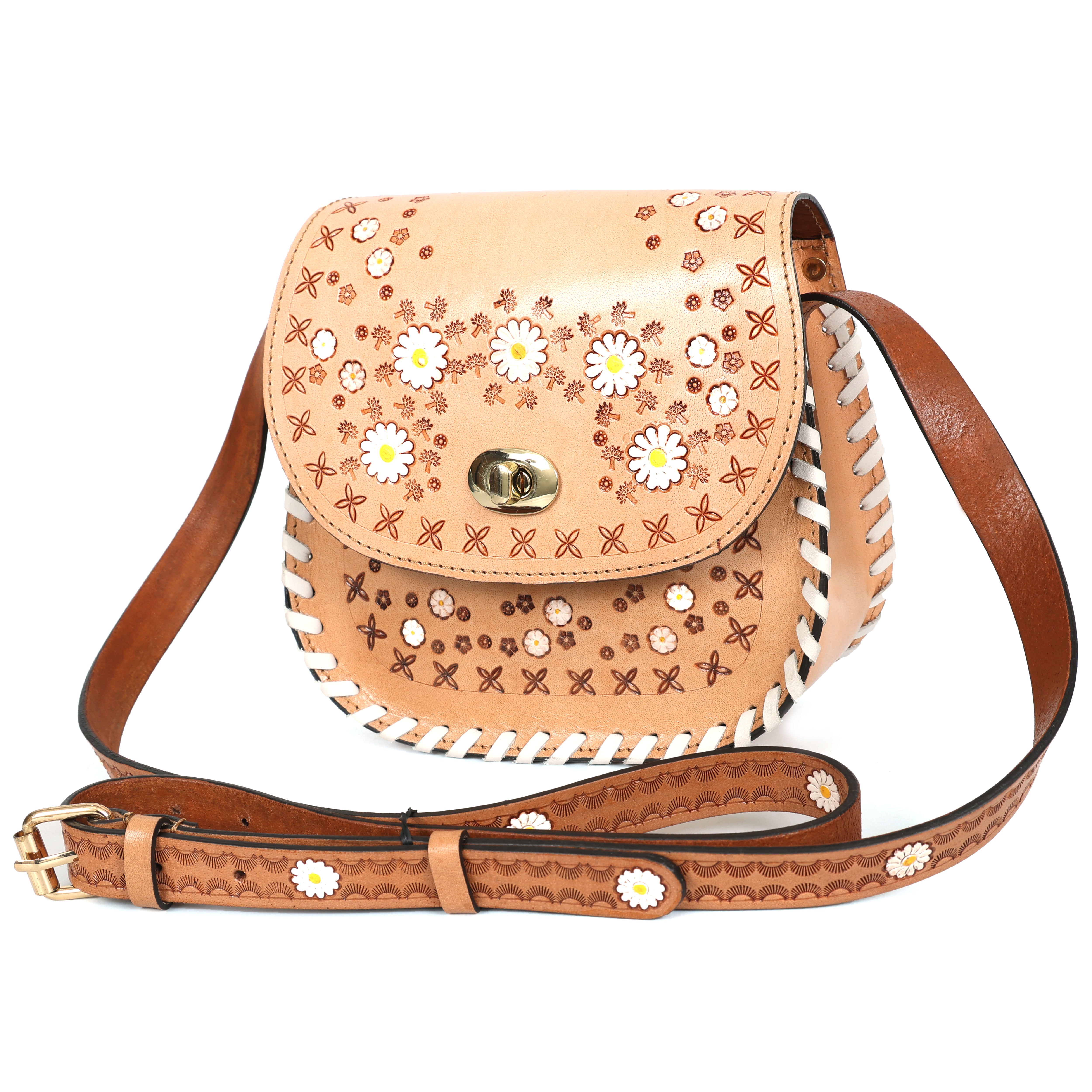 GM Leather handcrafted tan bag showing detailed hand-tooled white daisy flowers and brass twist-lock in Auckland.